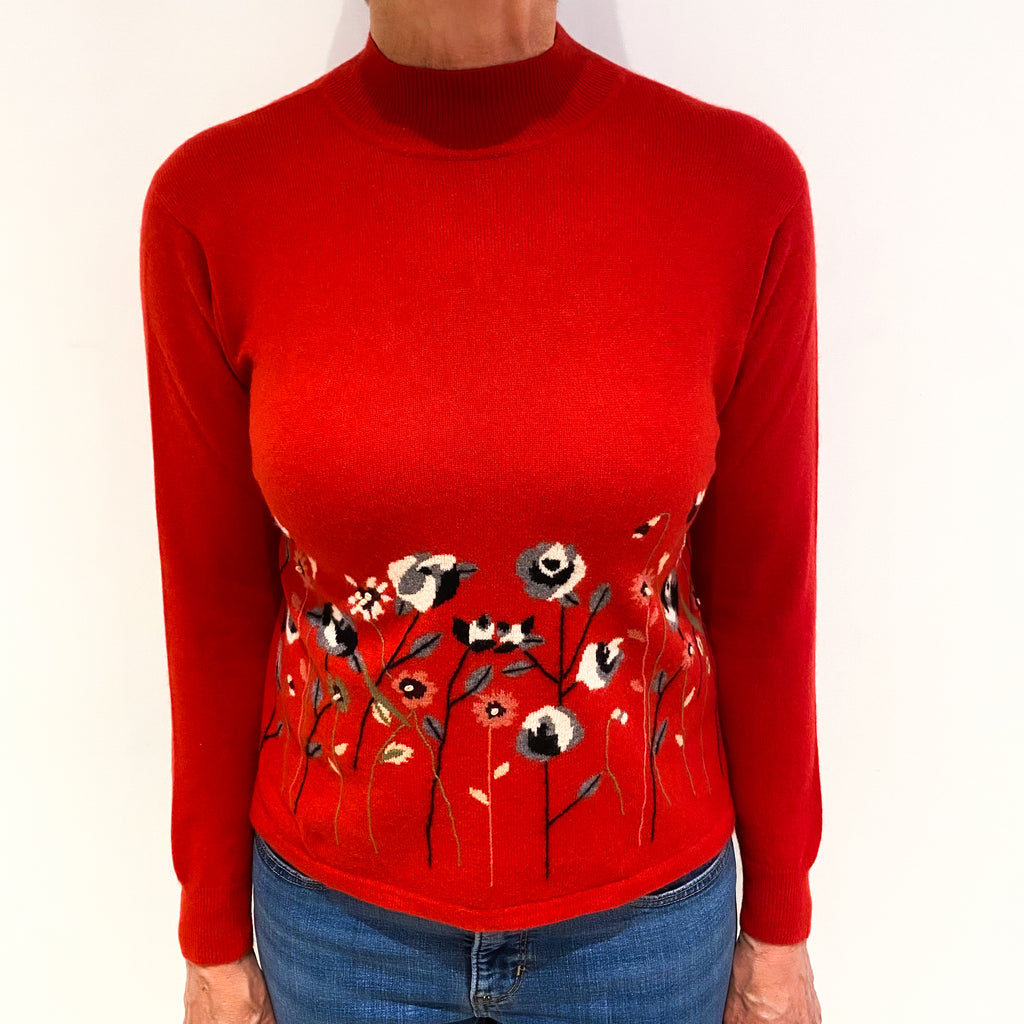 Berry Red Floral Cashmere Turtle Neck Jumper Medium