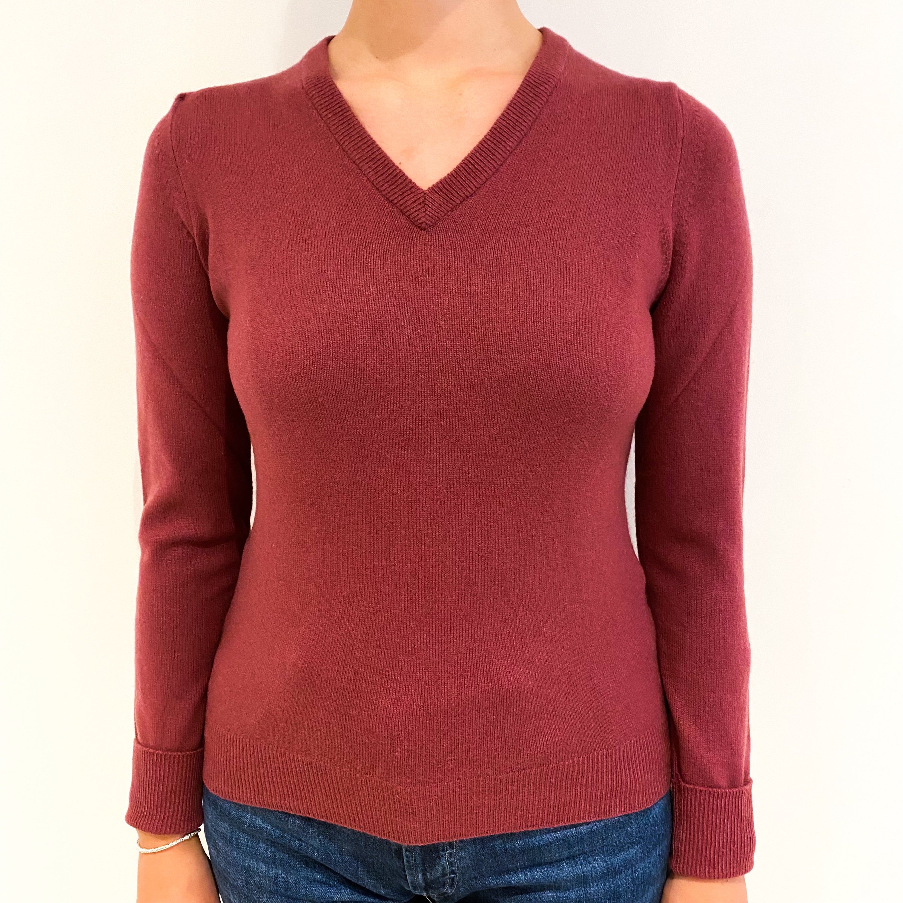 Vintage Brick Red Cashmere V-Neck Jumper Small