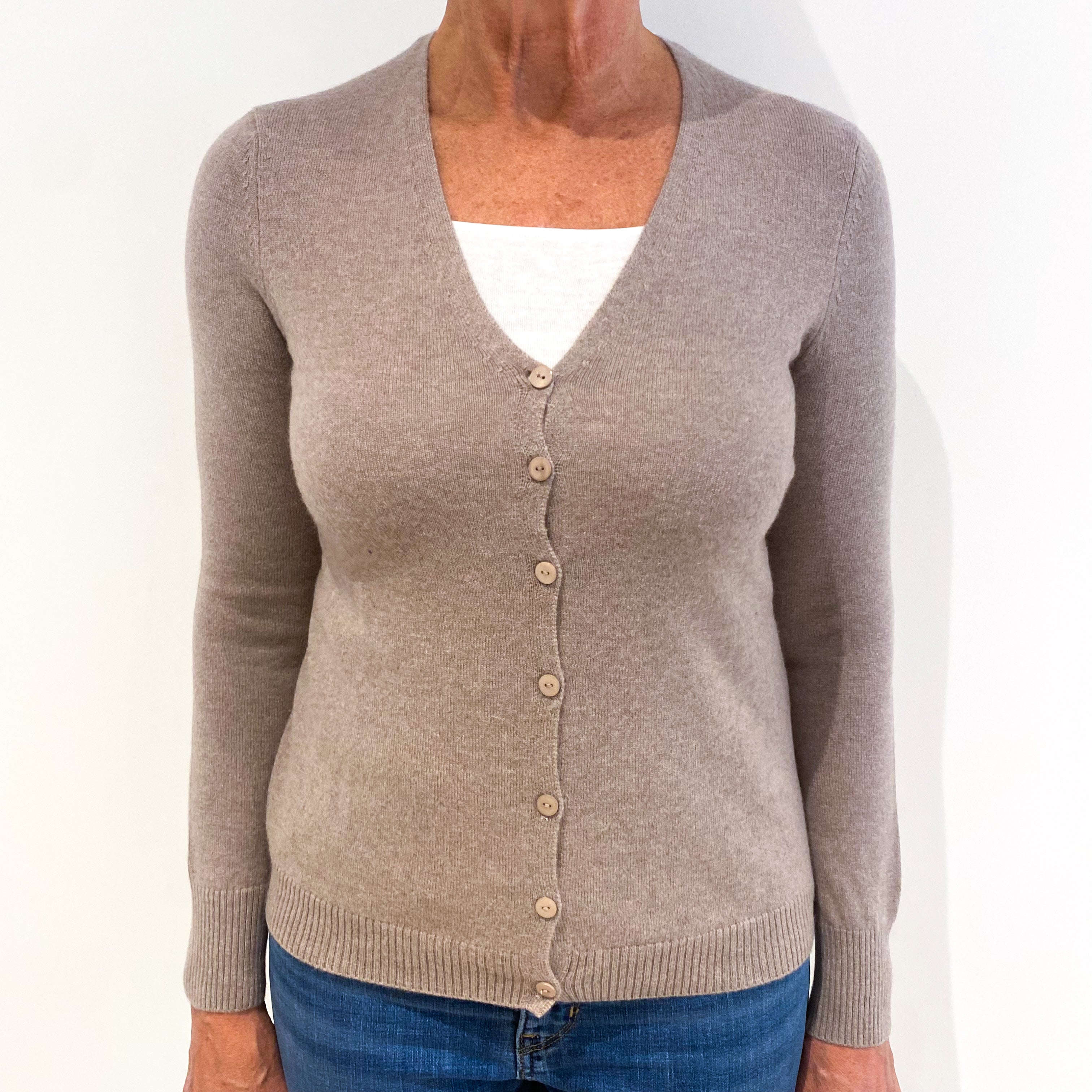 Taupe Brown Cashmere V-Neck Cardigan Medium