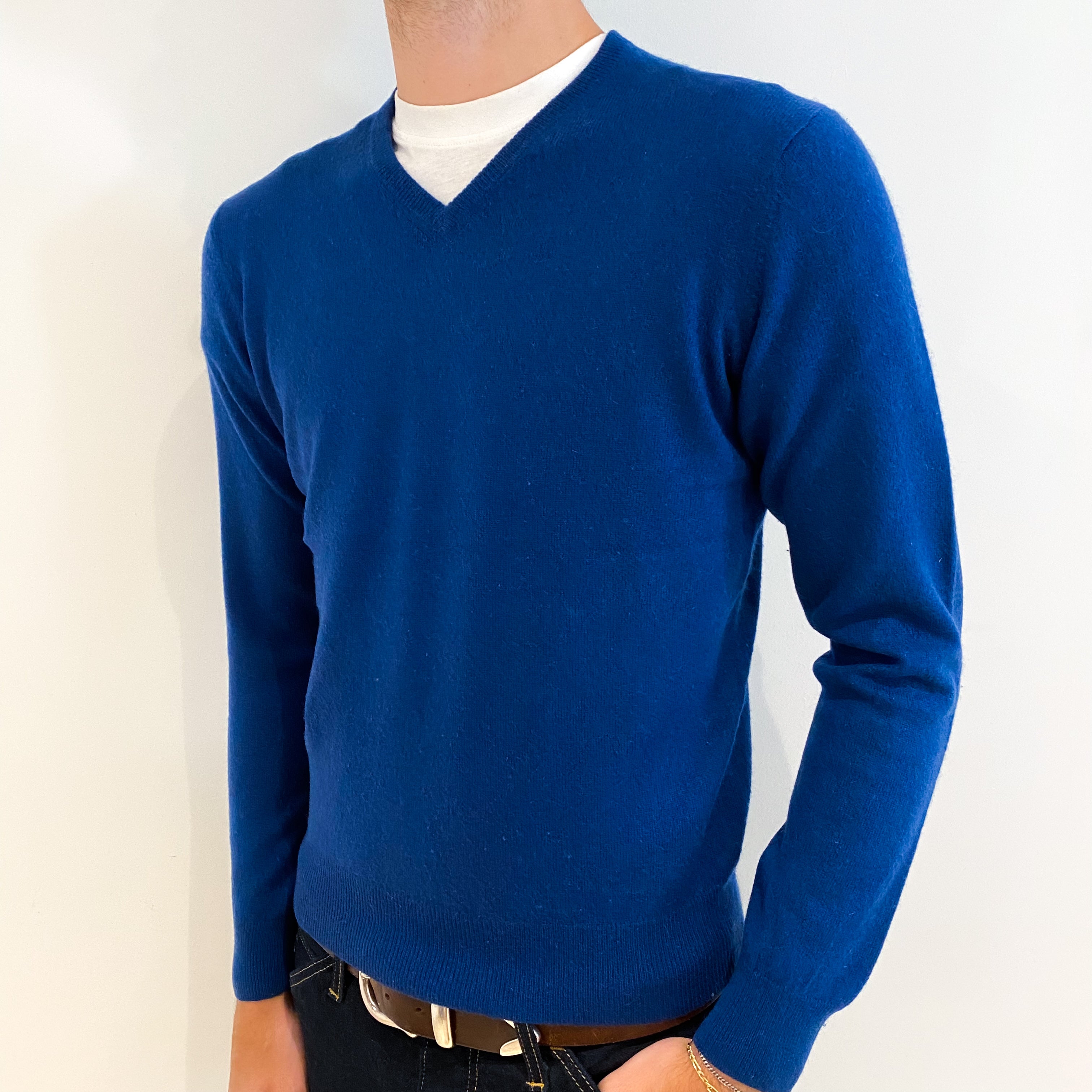 Men's Petrol Blue Cashmere V-Neck Jumper Medium