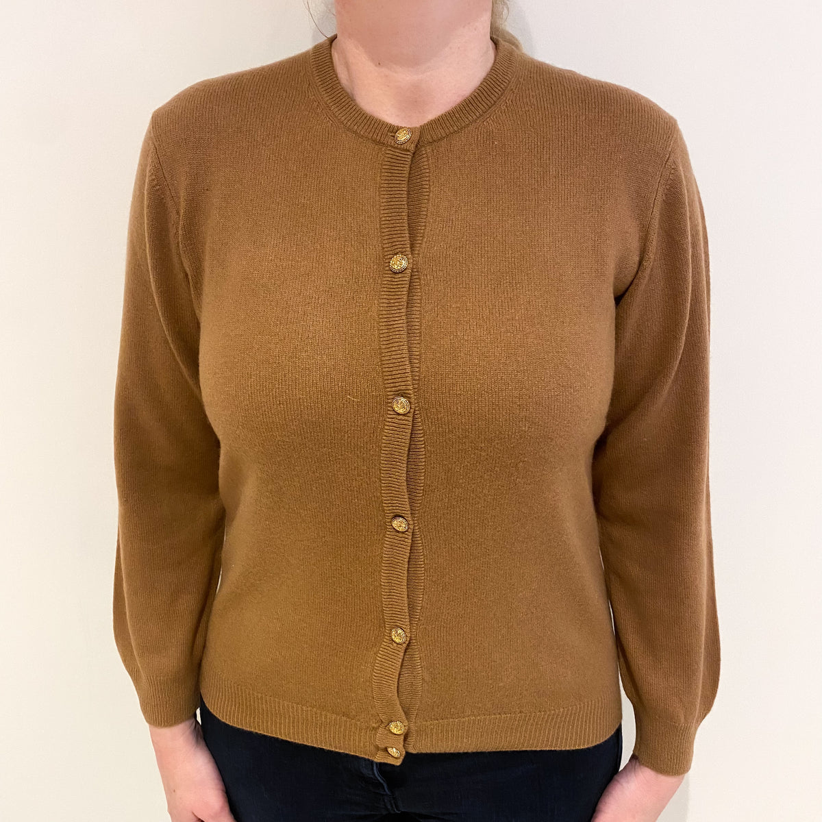 Butterscotch Brown Cashmere Crew Neck Cardigan Large