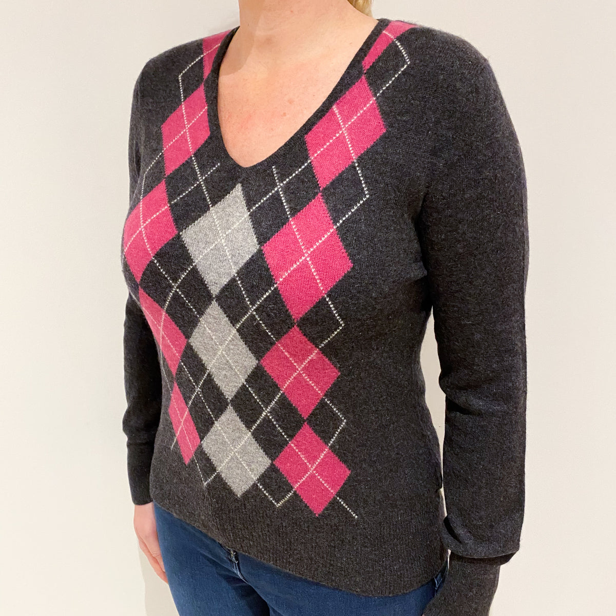 Charcoal Grey Pink Argyle Cashmere V-Neck Jumper Large