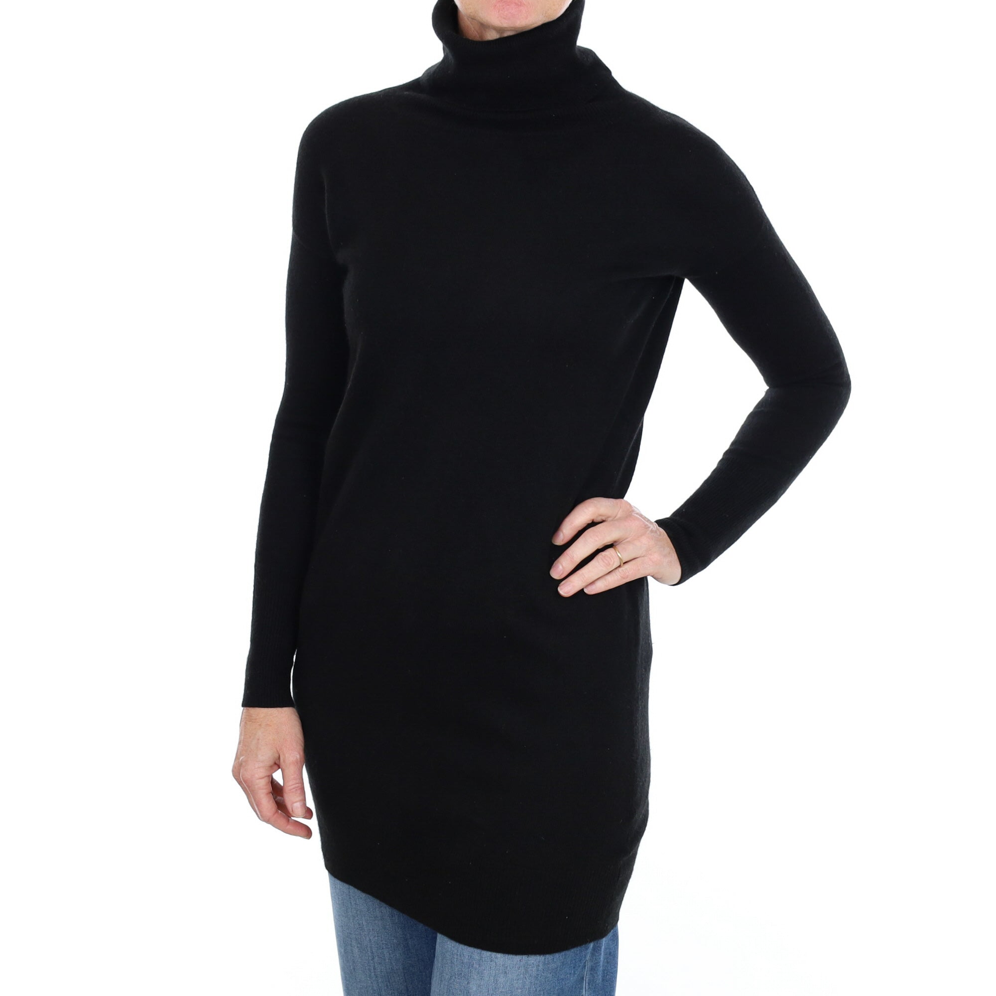 Black Cashmere Polo Neck Tunic Jumper Small