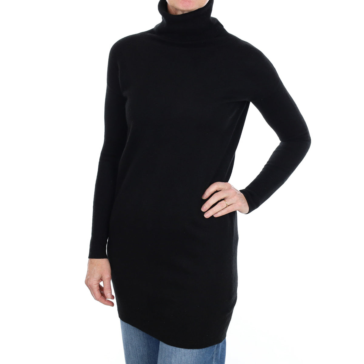 Black Cashmere Polo Neck Tunic Jumper Small