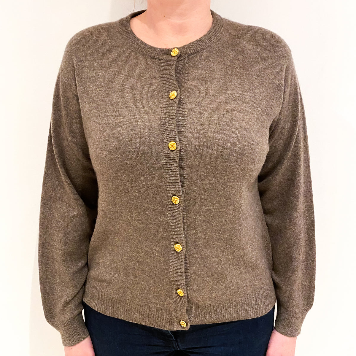 Mocha Brown Cashmere Crew Neck Cardigan Large