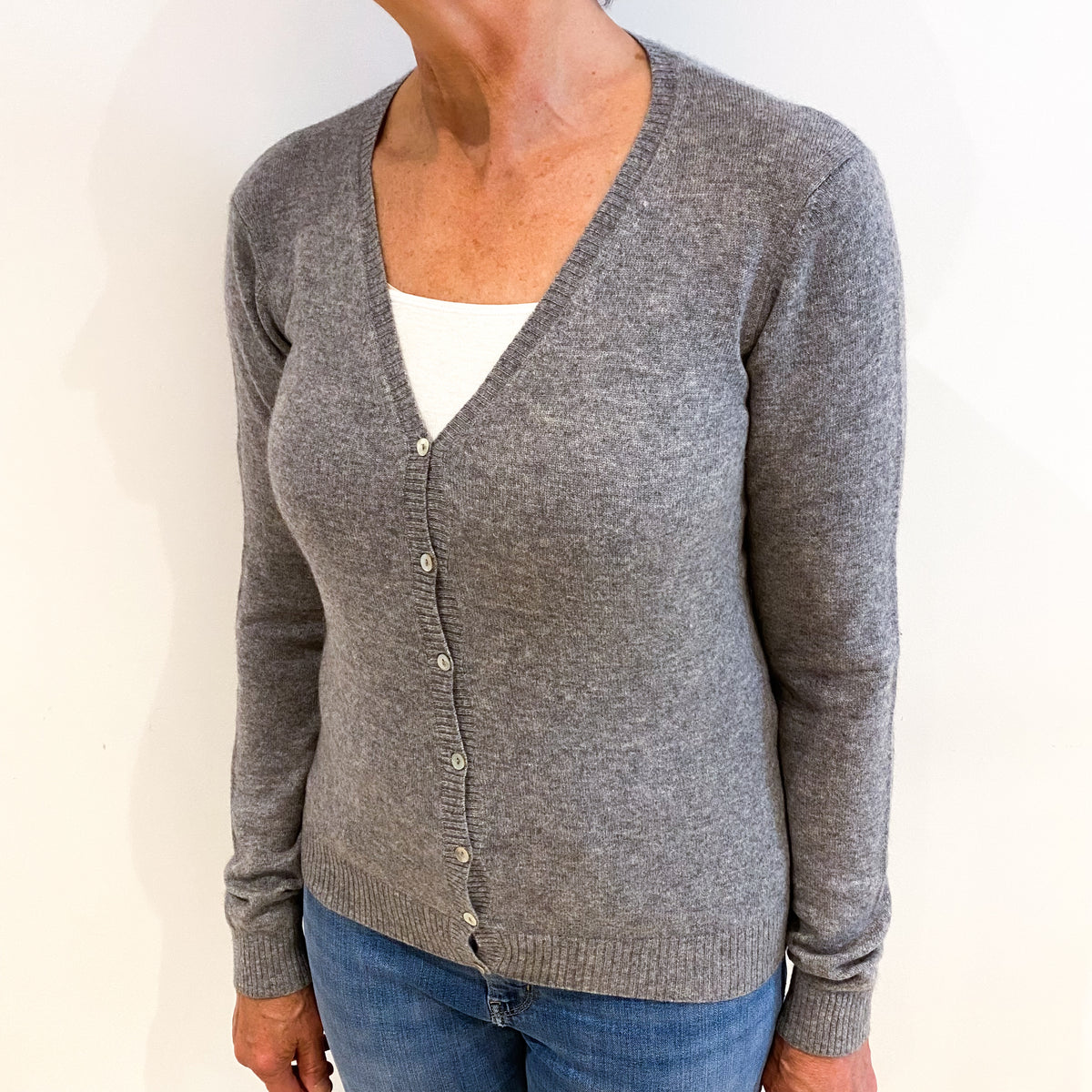 Smoke Grey Cashmere V Neck Cardigan Medium