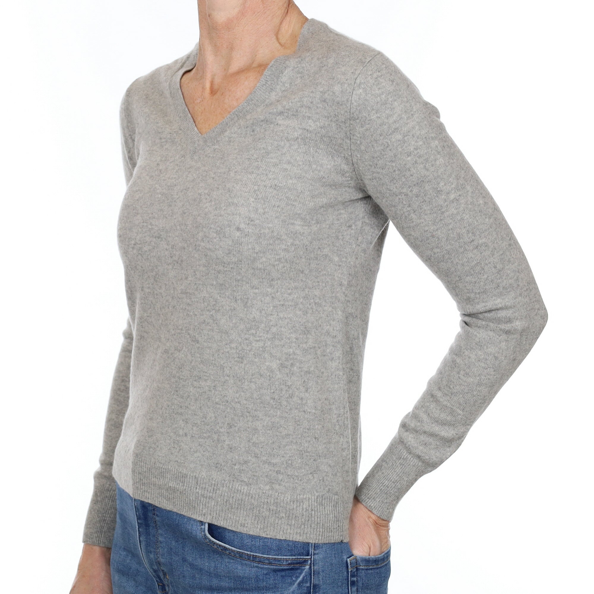 Smoke Grey Cashmere V Neck Jumper Small