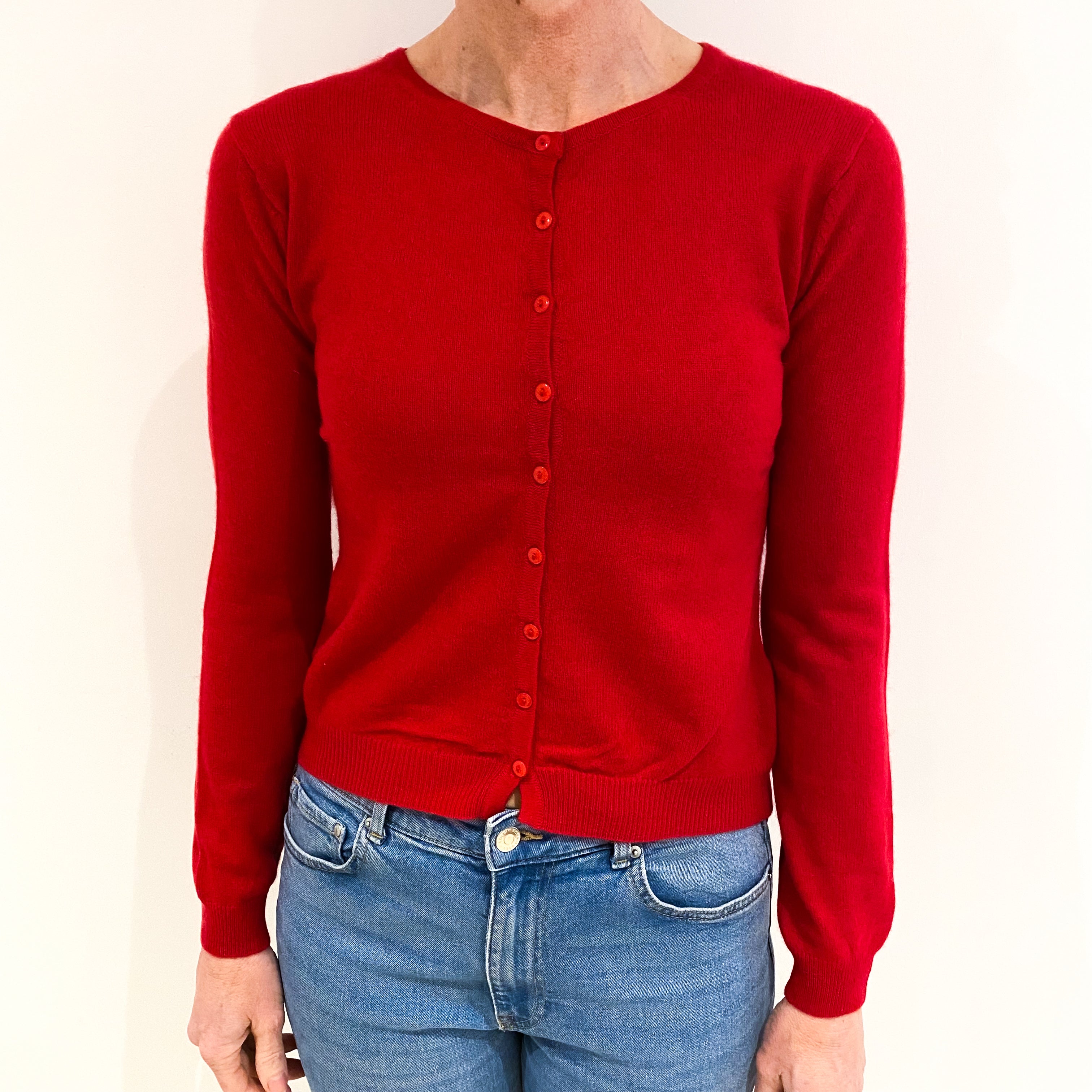 Post Box Red Cashmere Crew Neck Cardigan Small