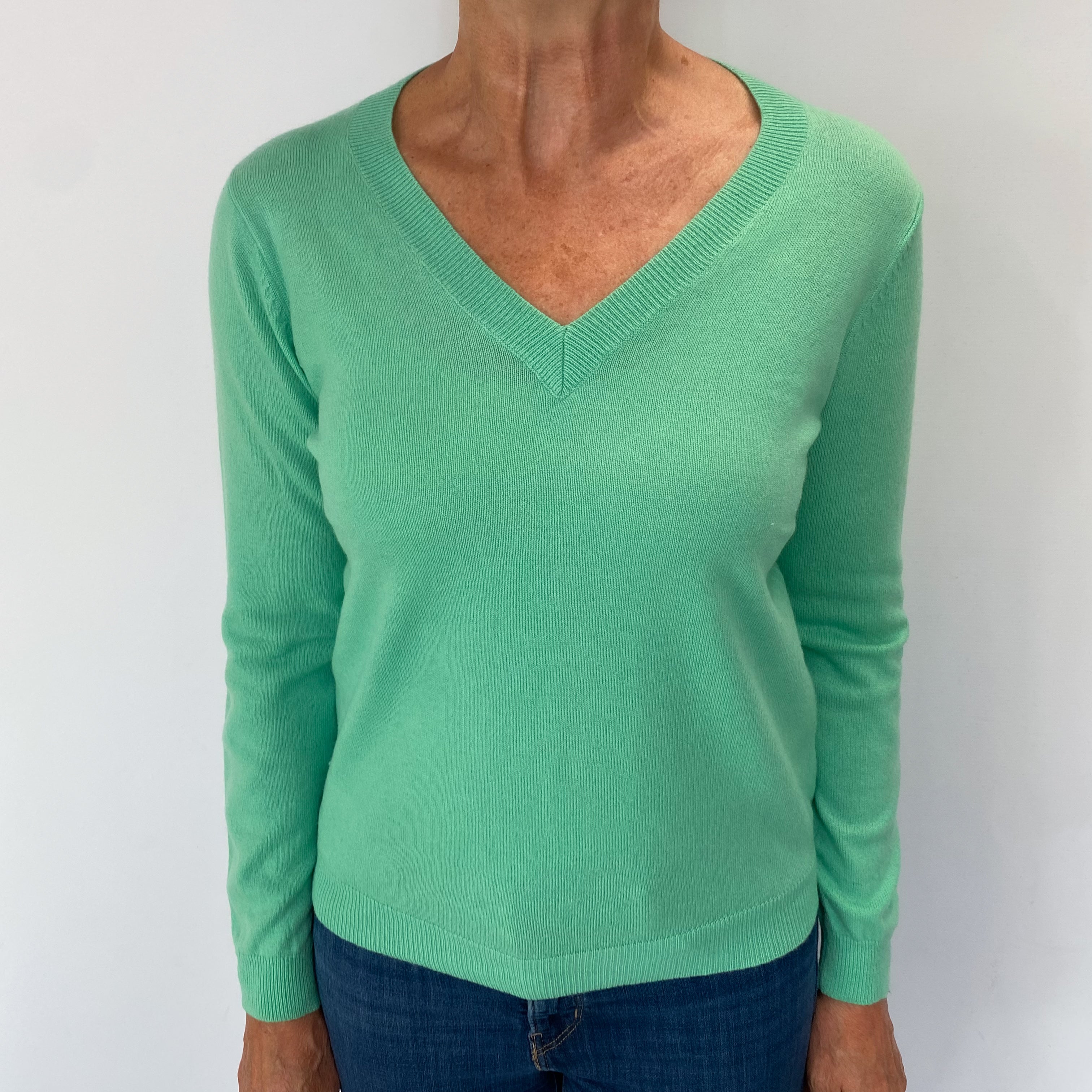 Deep Mint Green Cashmere V Neck Jumper Medium