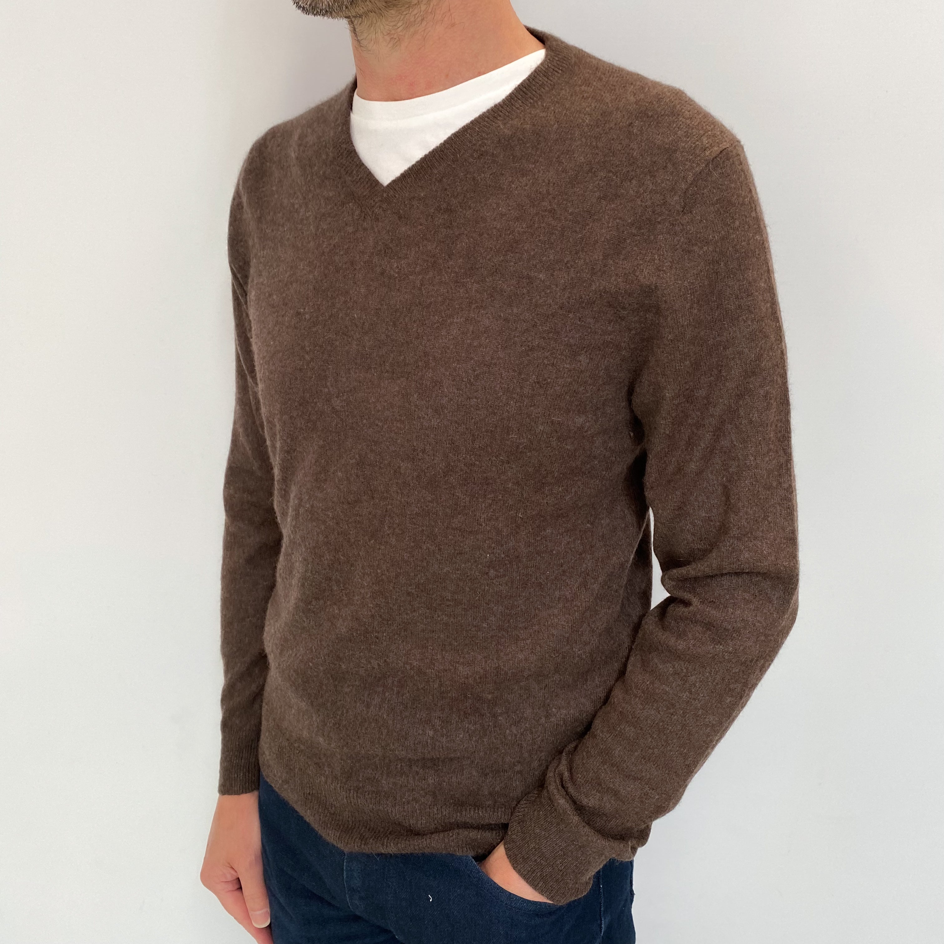 Men's Mole Brown Cashmere V Neck Jumper Small