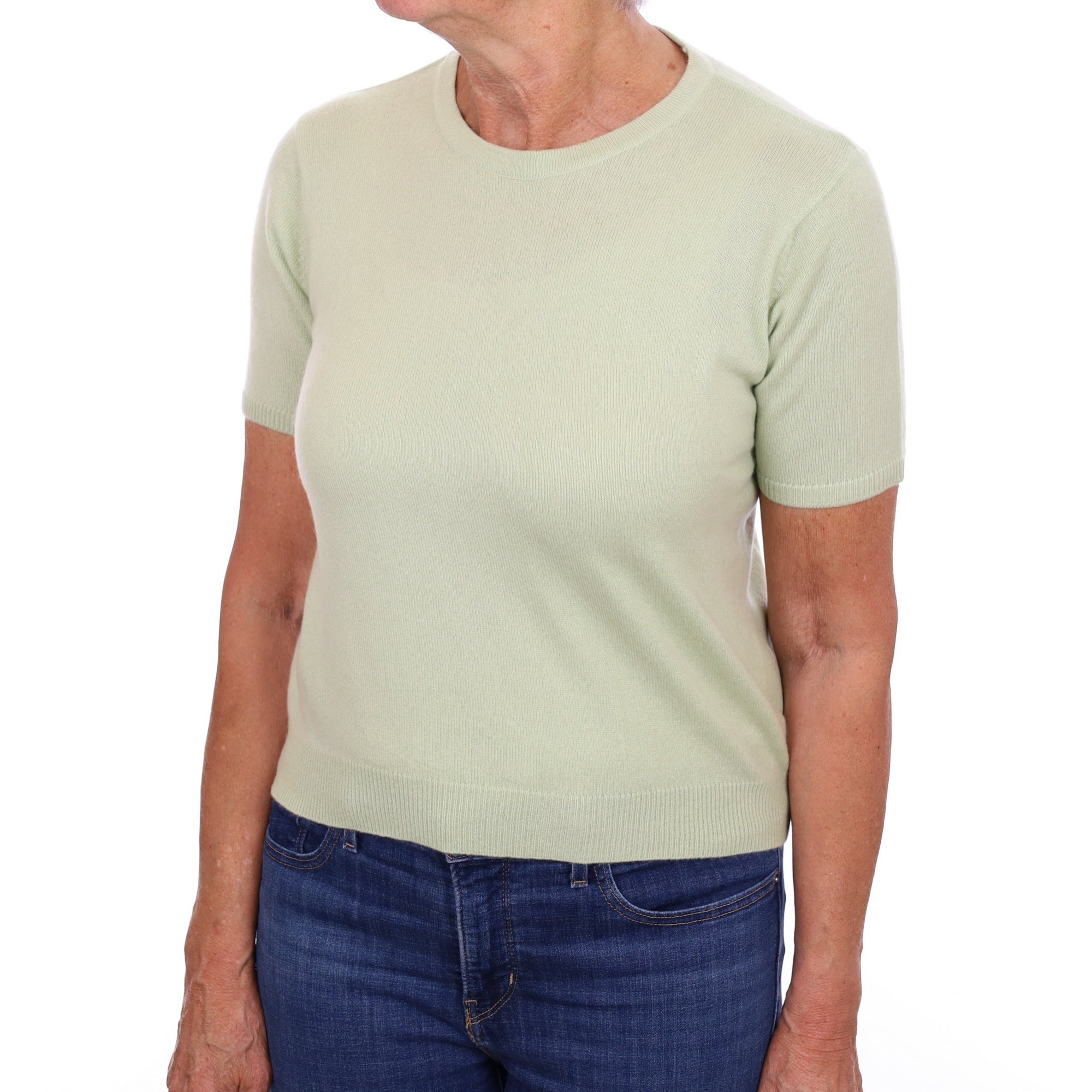 Soft Lime Green Cashmere Crew Neck Short Sleeved Jumper Medium