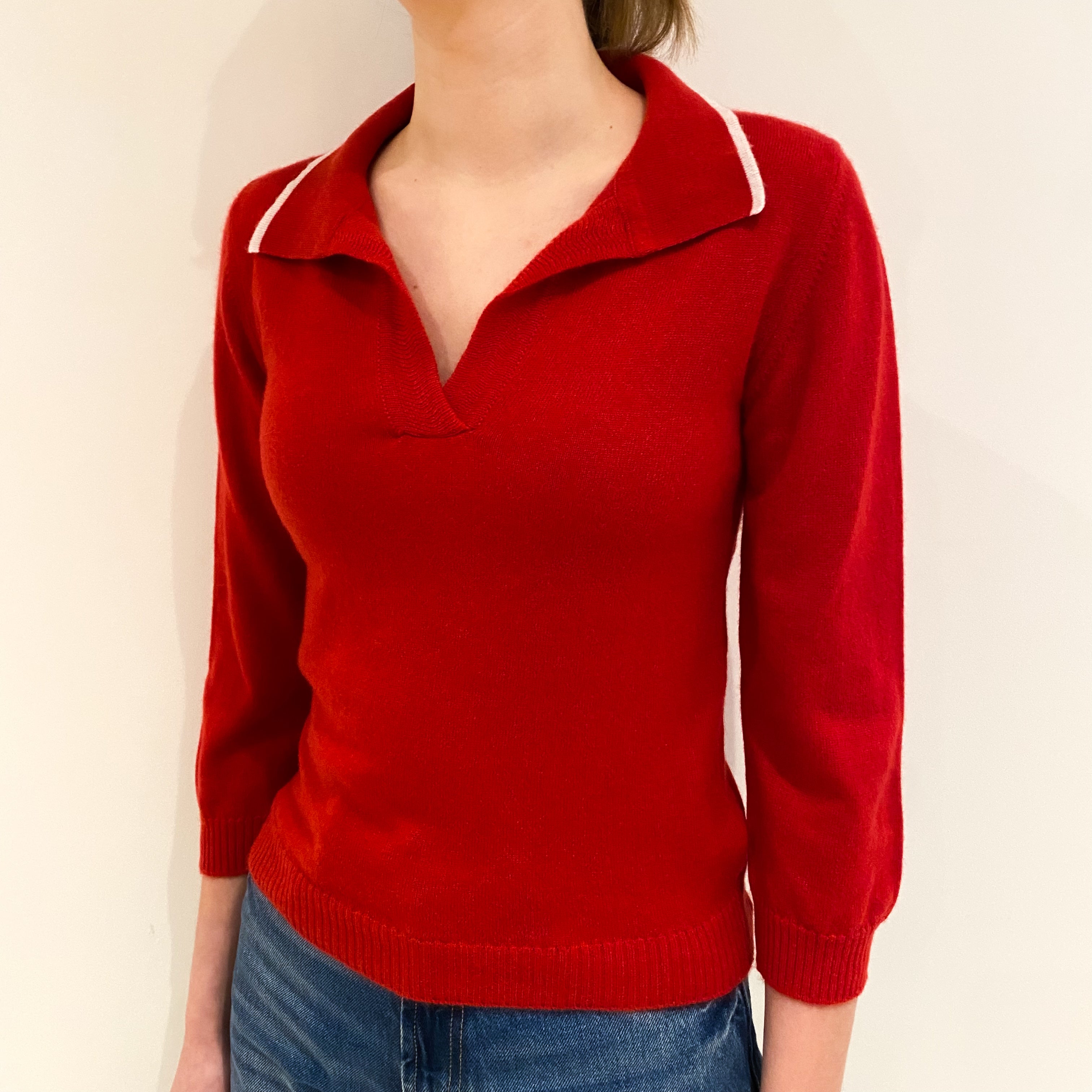Brora Scarlet Red Cashmere Collared V Neck Jumper Extra Small