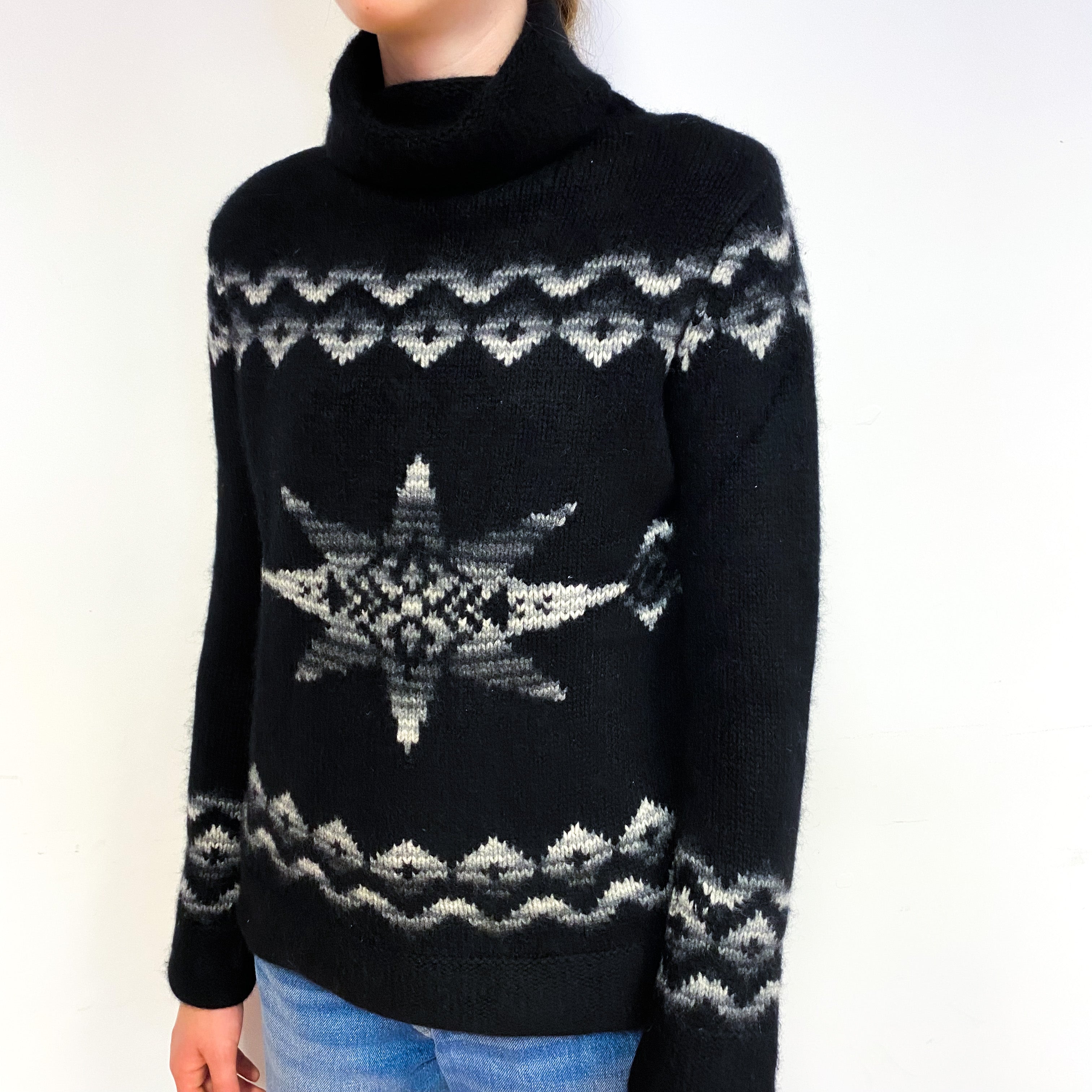 Black Aztec Chunky Cashmere Polo Neck Jumper Extra Small