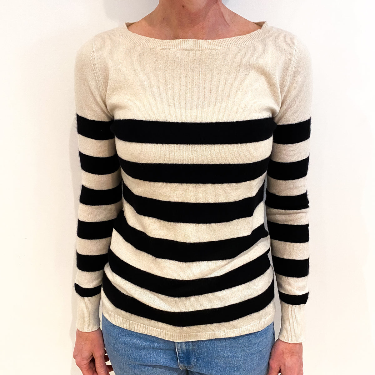 Cream And Black Striped Cashmere Crew Neck Jumper Small