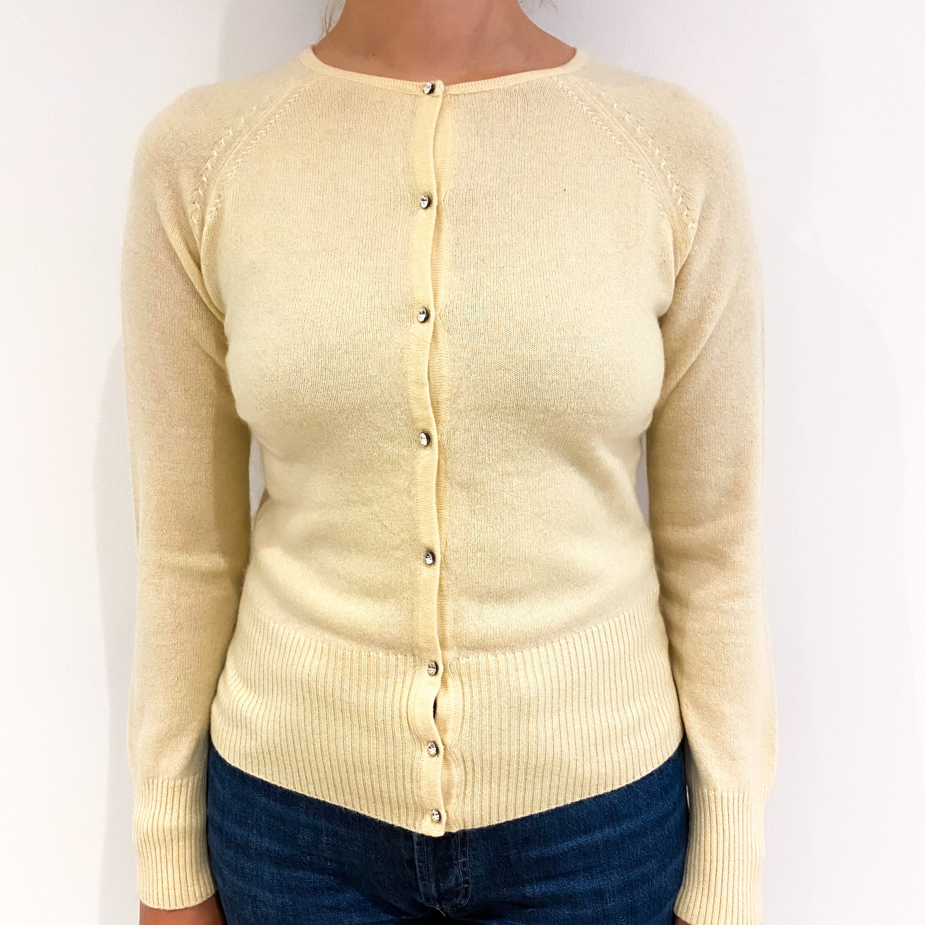 Primrose Yellow Cashmere Crew Neck Cardigan Small