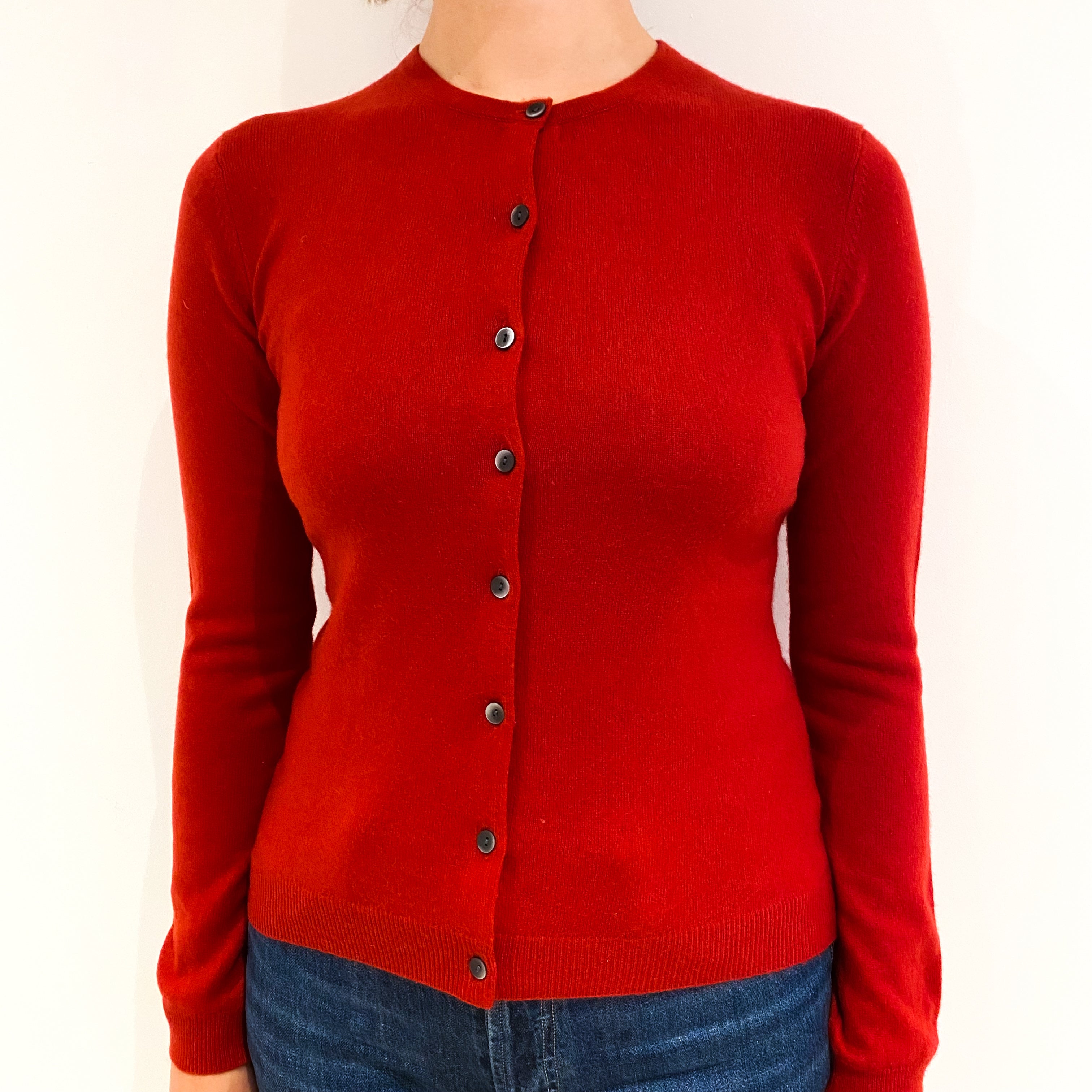 Post Box Red Cashmere Crew Neck Cardigan Small