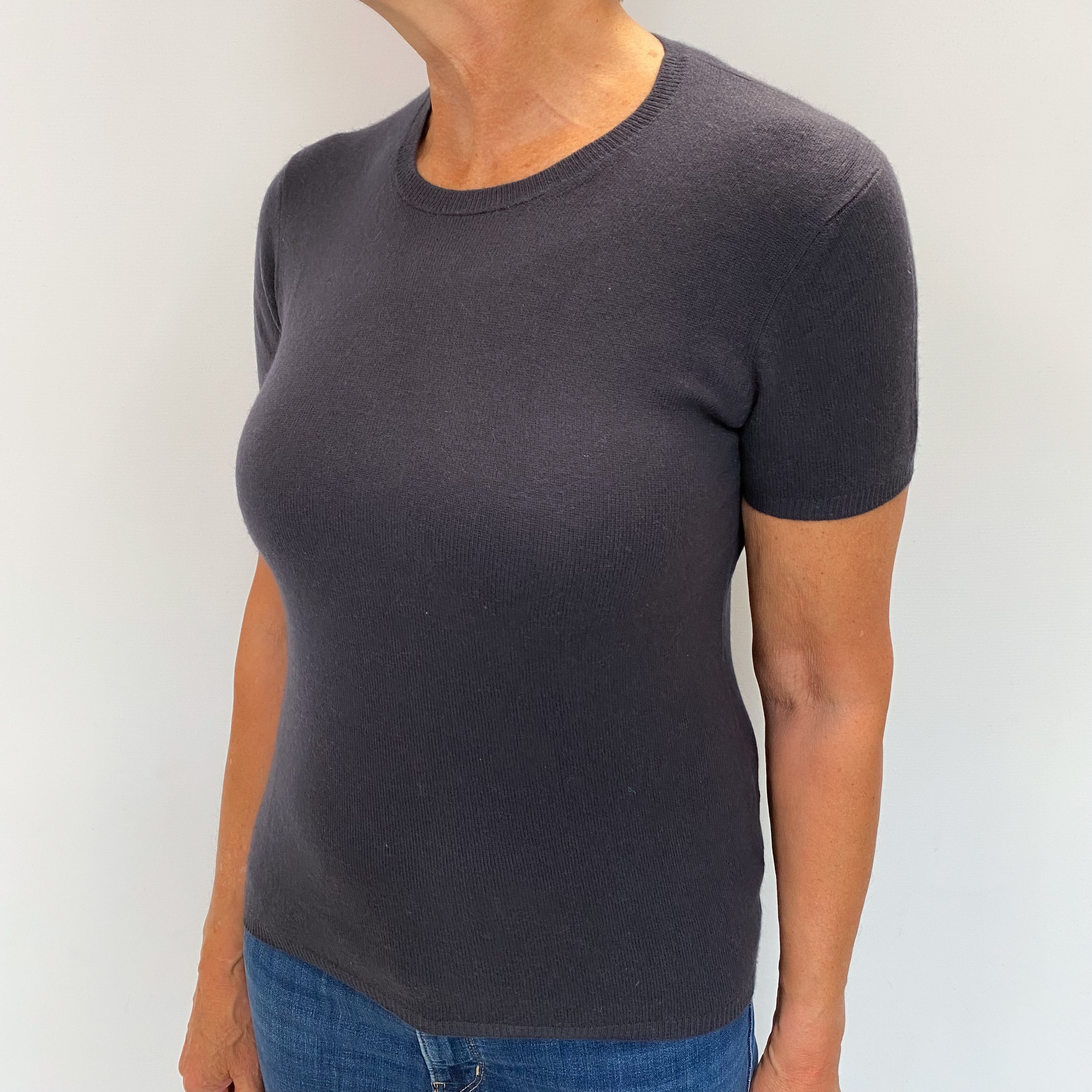 Dark Slate Purple Cashmere Short Sleeved Crew Neck Jumper Medium