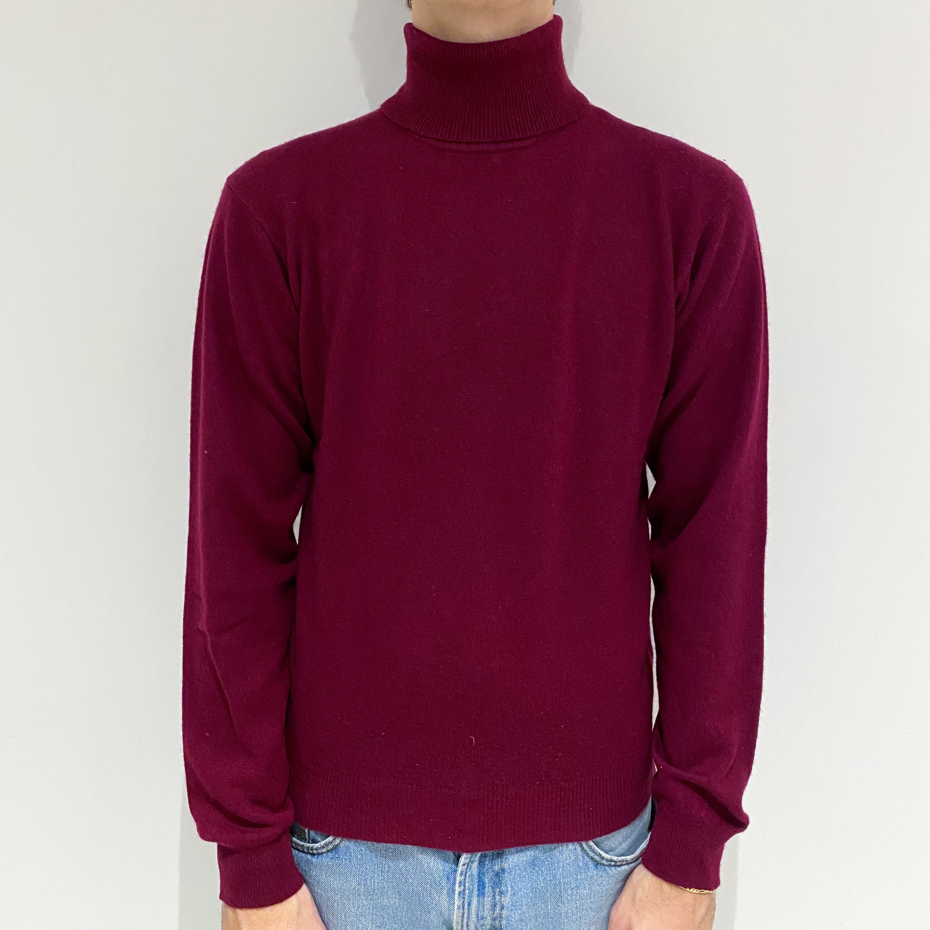 Men's Wine Red Cashmere Polo Neck Jumper Large