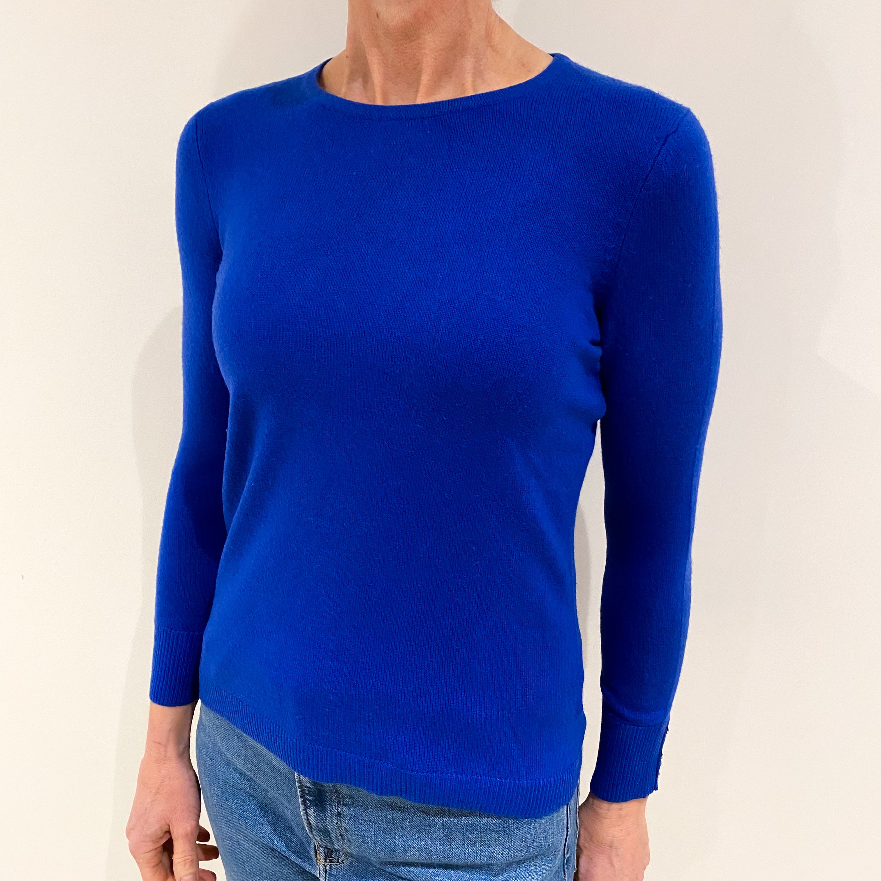 Cobalt Blue Button Cuff Cashmere Crew Neck Jumper Small Petite