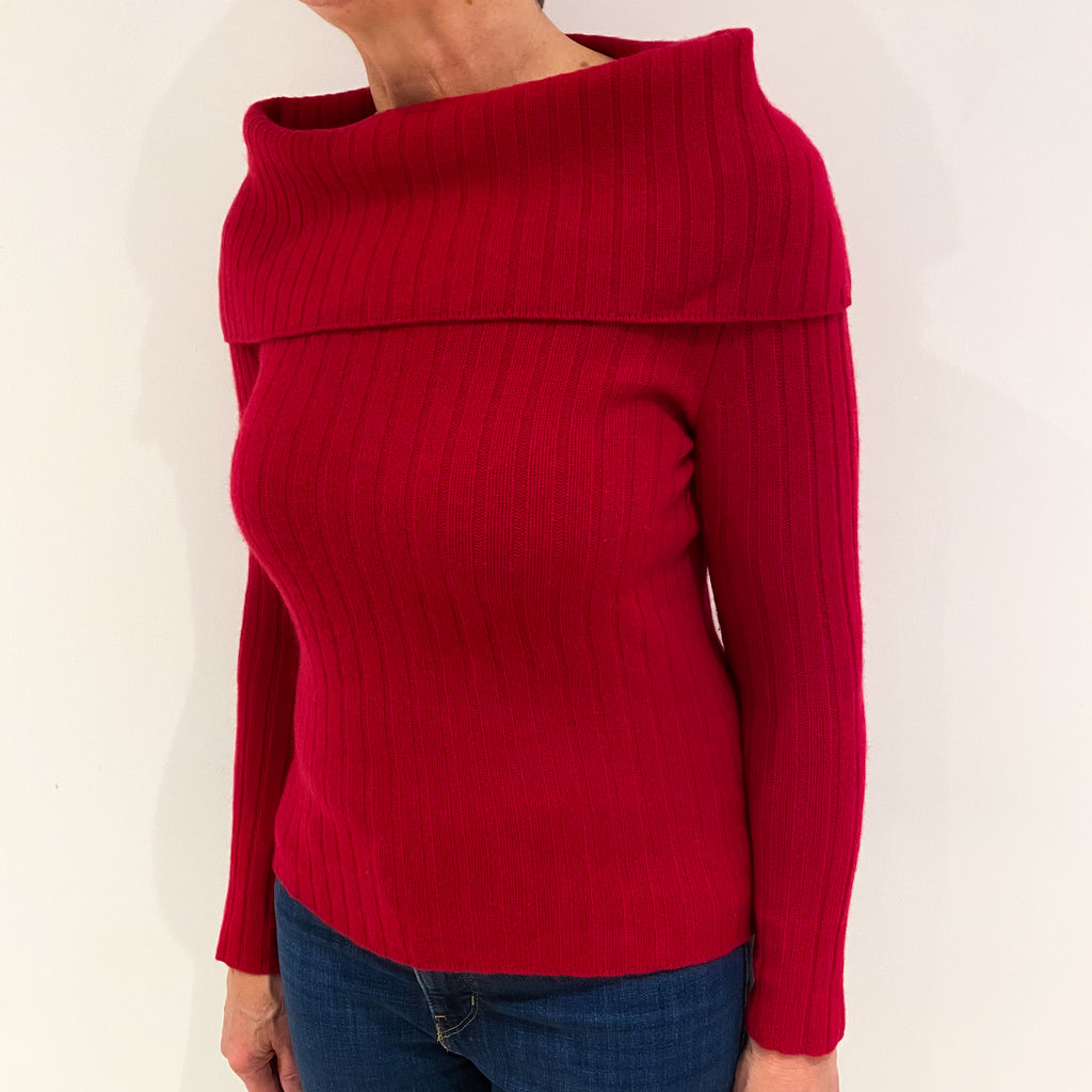 Raspberry Pink Ribbed Cashmere Bardot Jumper Medium