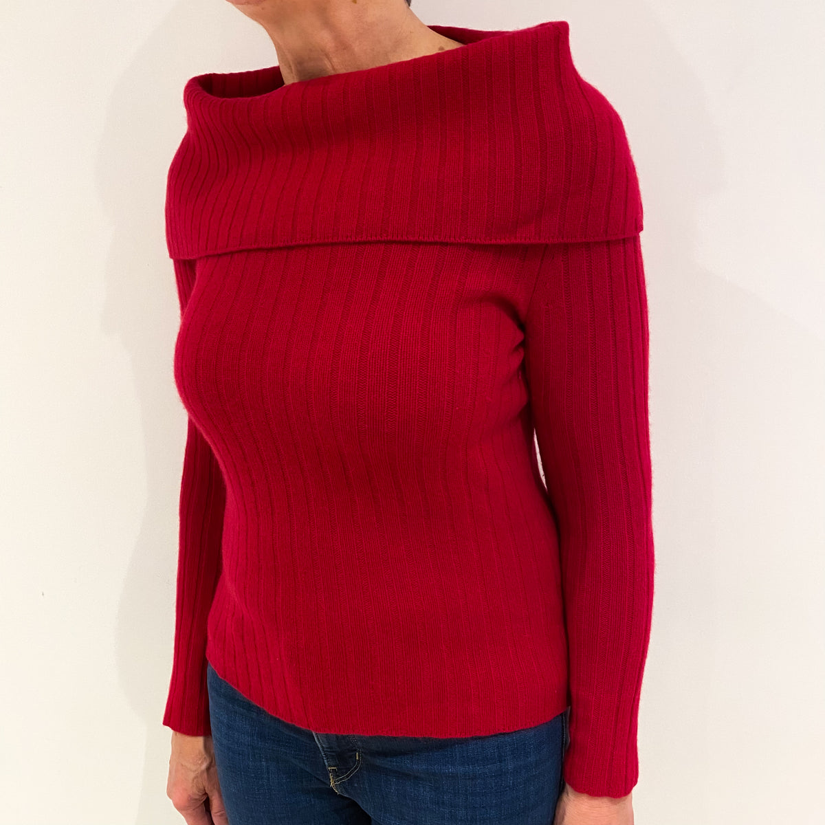 Raspberry Pink Ribbed Cashmere Bardot Jumper Medium