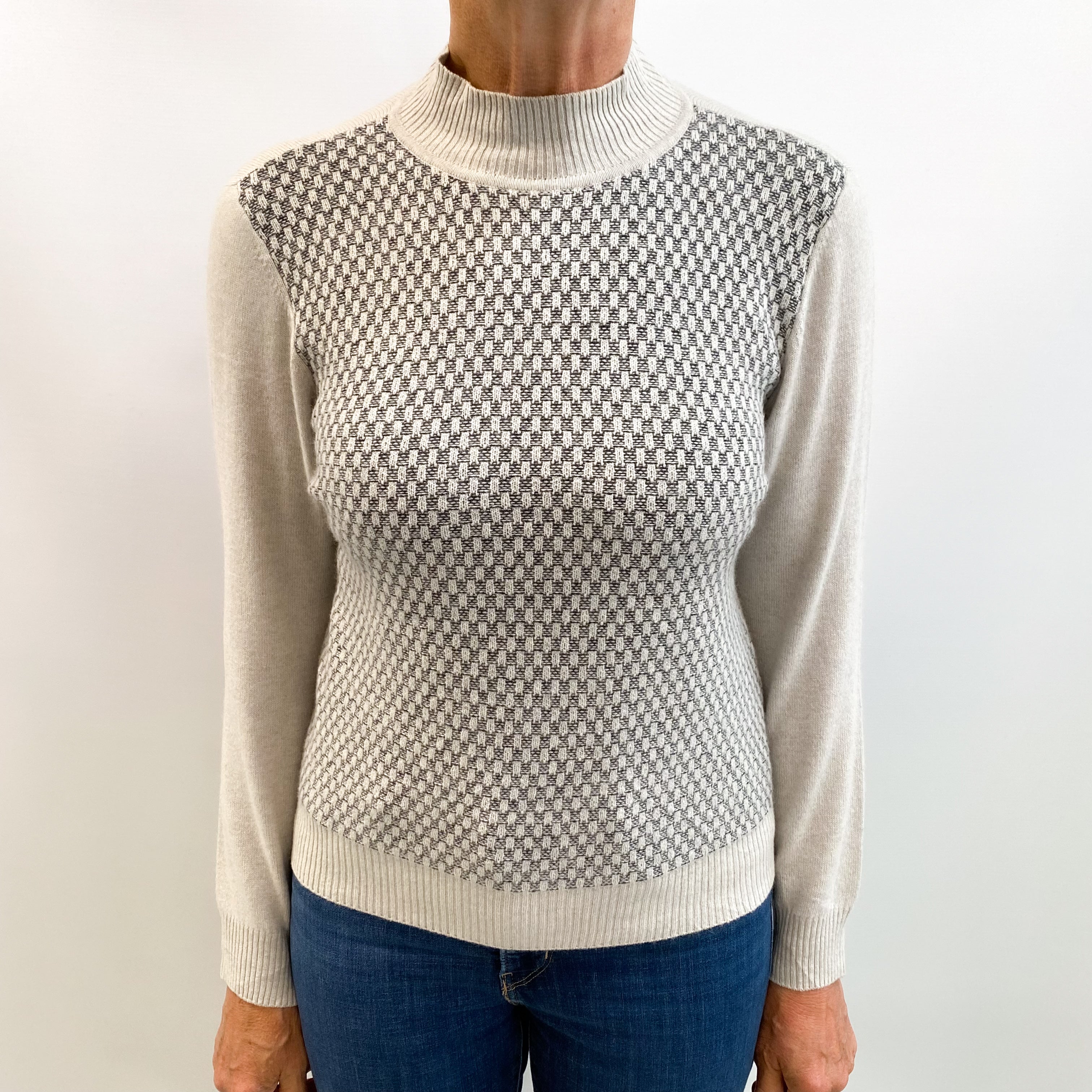 Frost Grey Cashmere Turtle Neck Basket Weave Jumper Medium