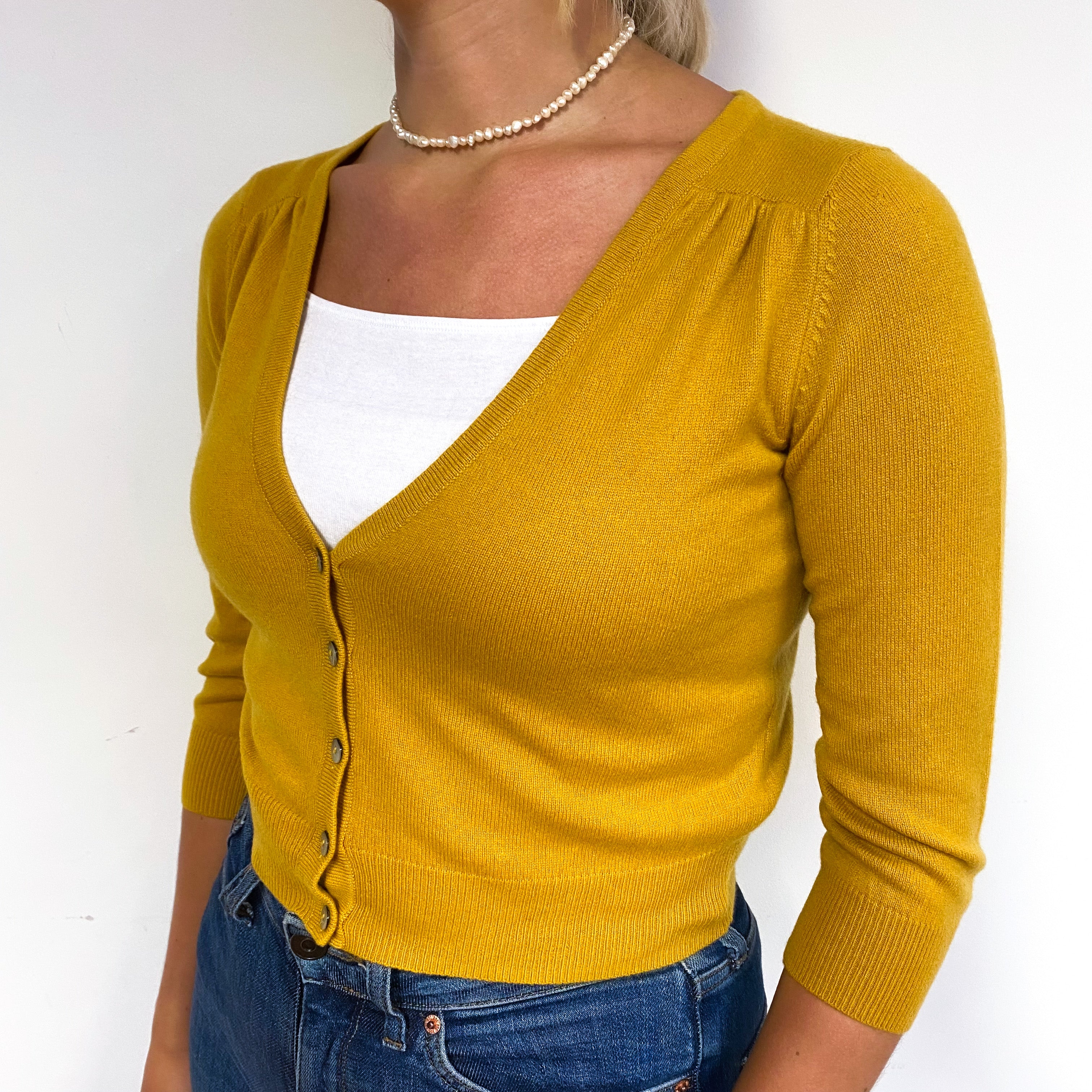 Mustard Yellow Cropped Cashmere V-Neck Cardigan Small