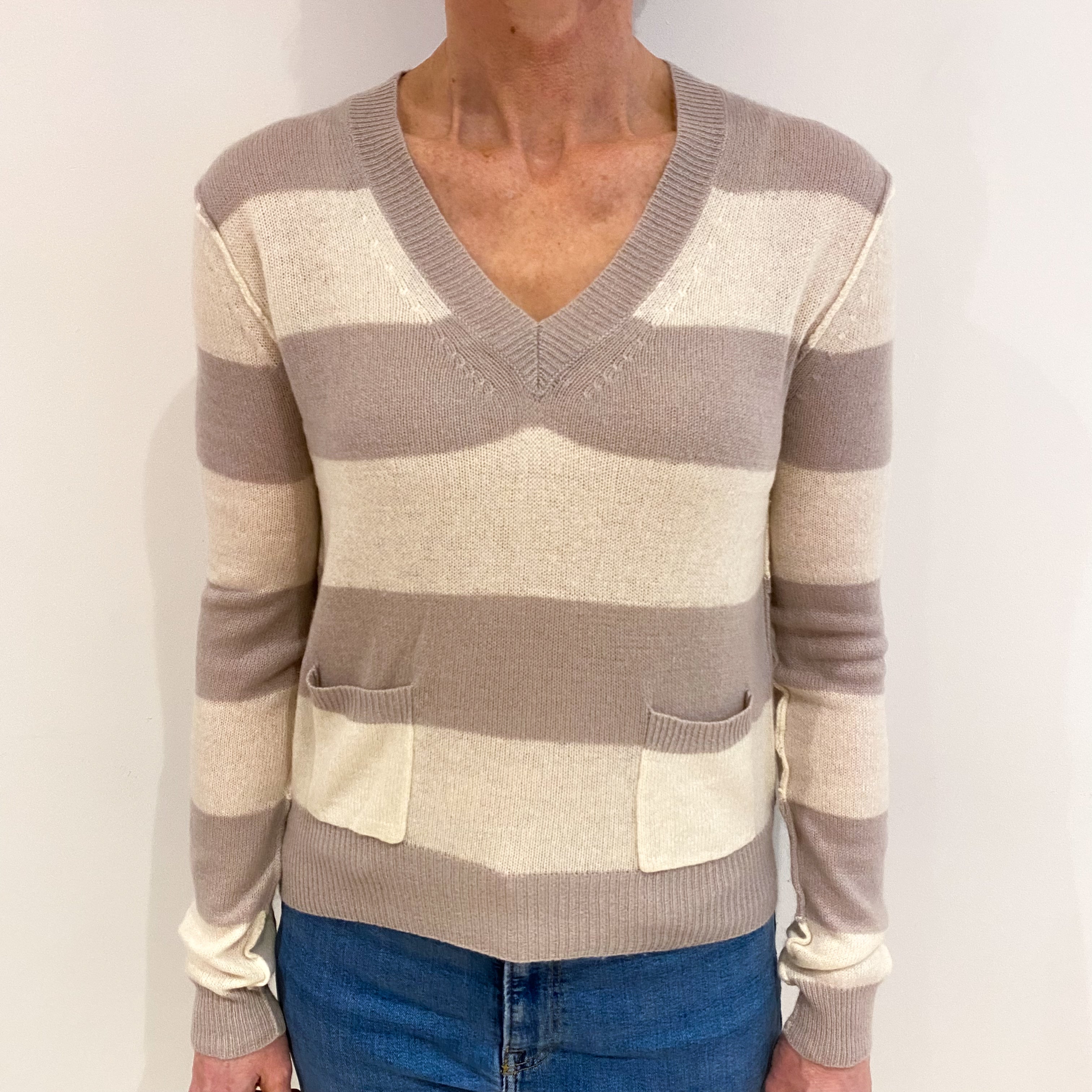 Taupe And Winter White Striped Cashmere V Neck Jumper Small