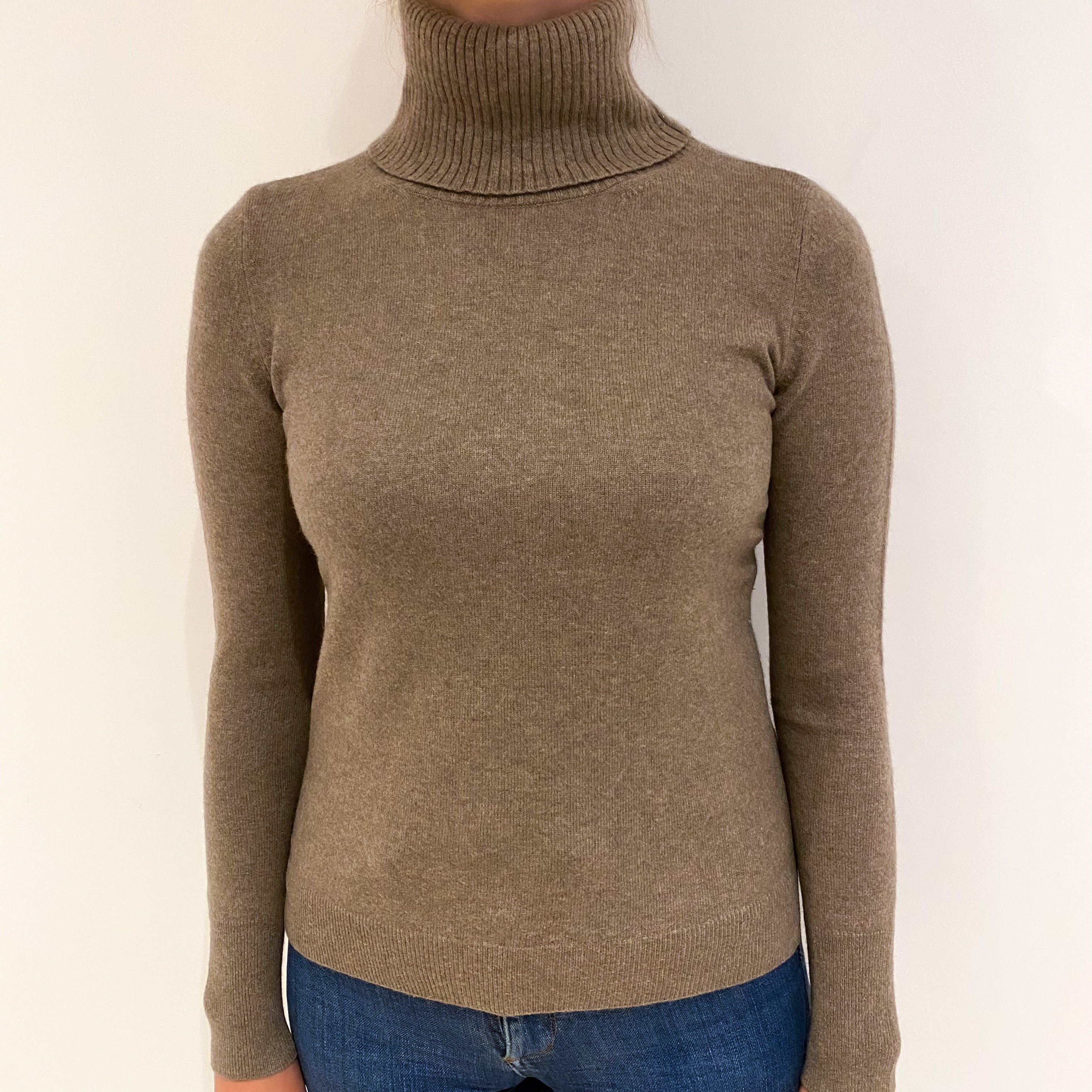 Mocha Brown Cashmere Polo Neck Jumper Small