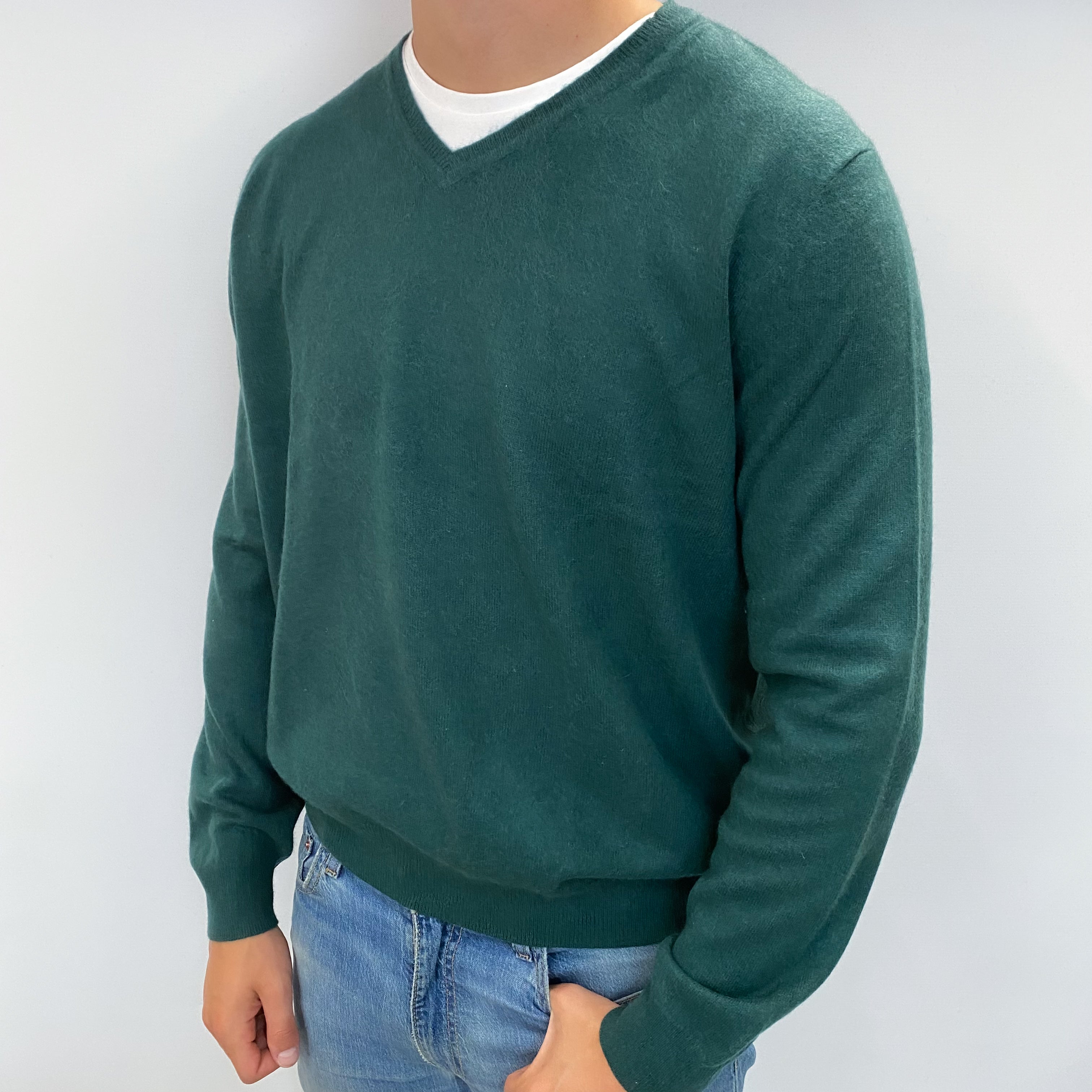 Men's Pine Green Cashmere V Neck Jumper XXL