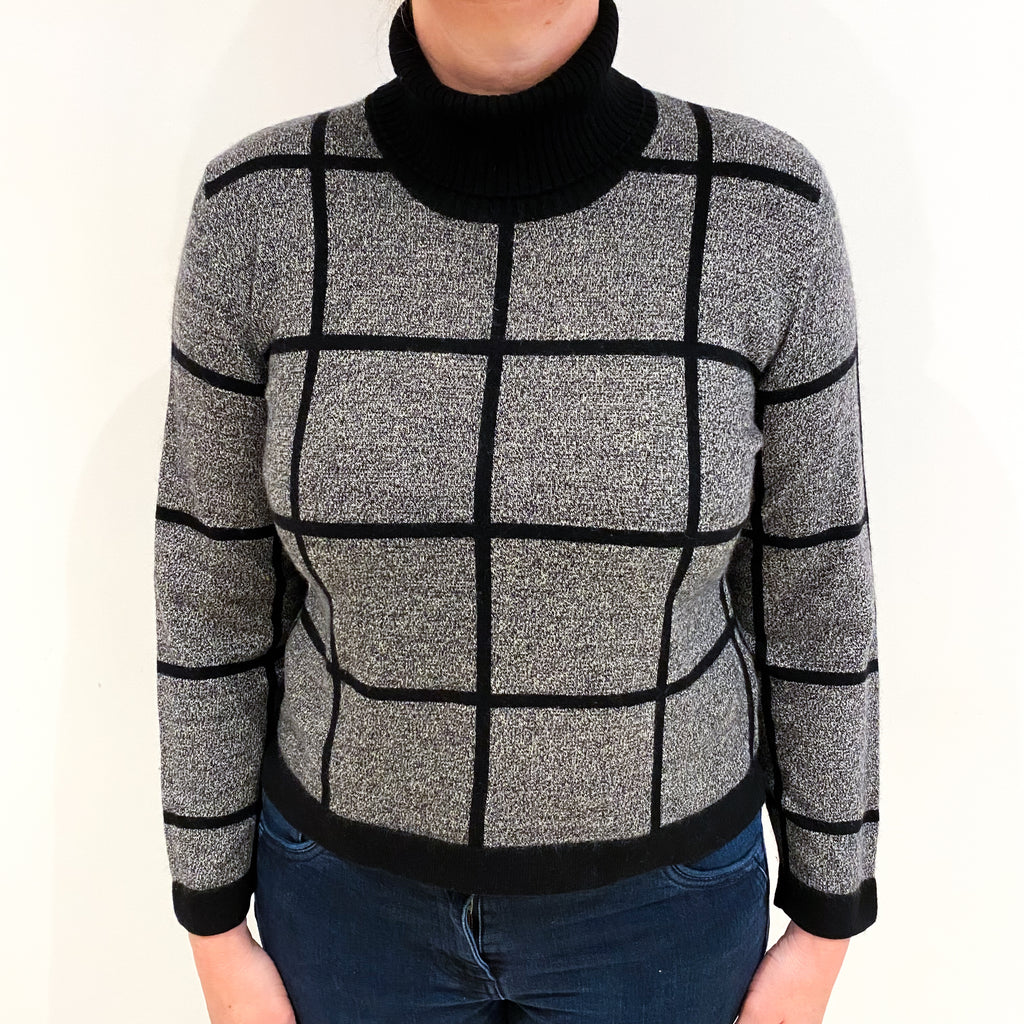 Grey and Black Checked Cashmere Polo Neck Jumper Large