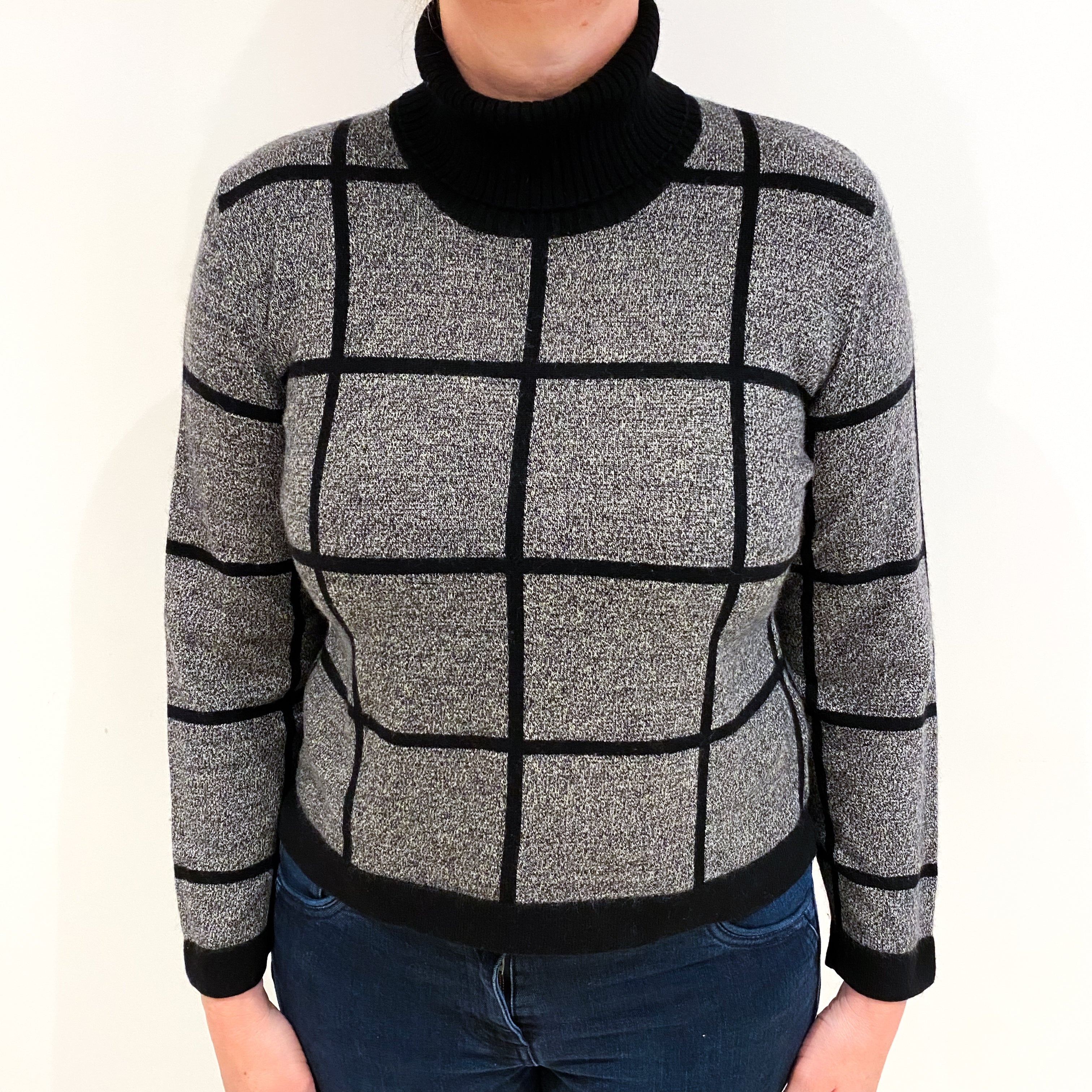 Grey and Black Checked Cashmere Polo Neck Jumper Large