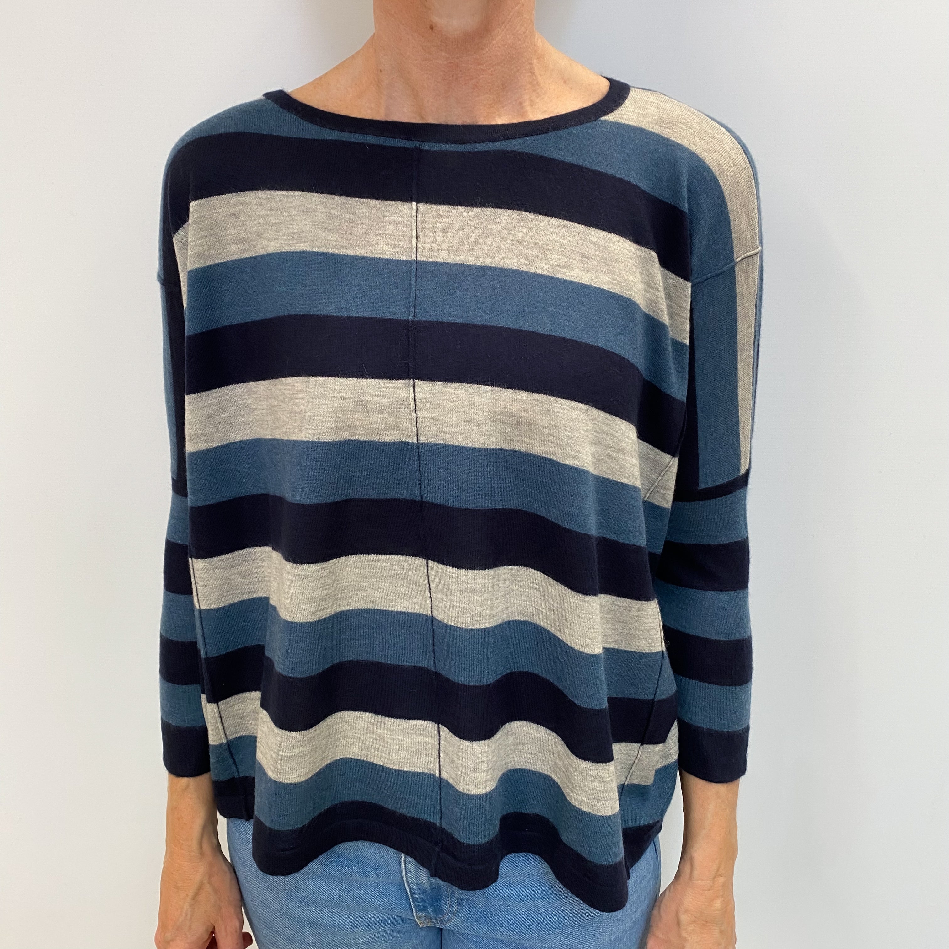 Blue Striped Cashmere Crew Neck Jumper Small