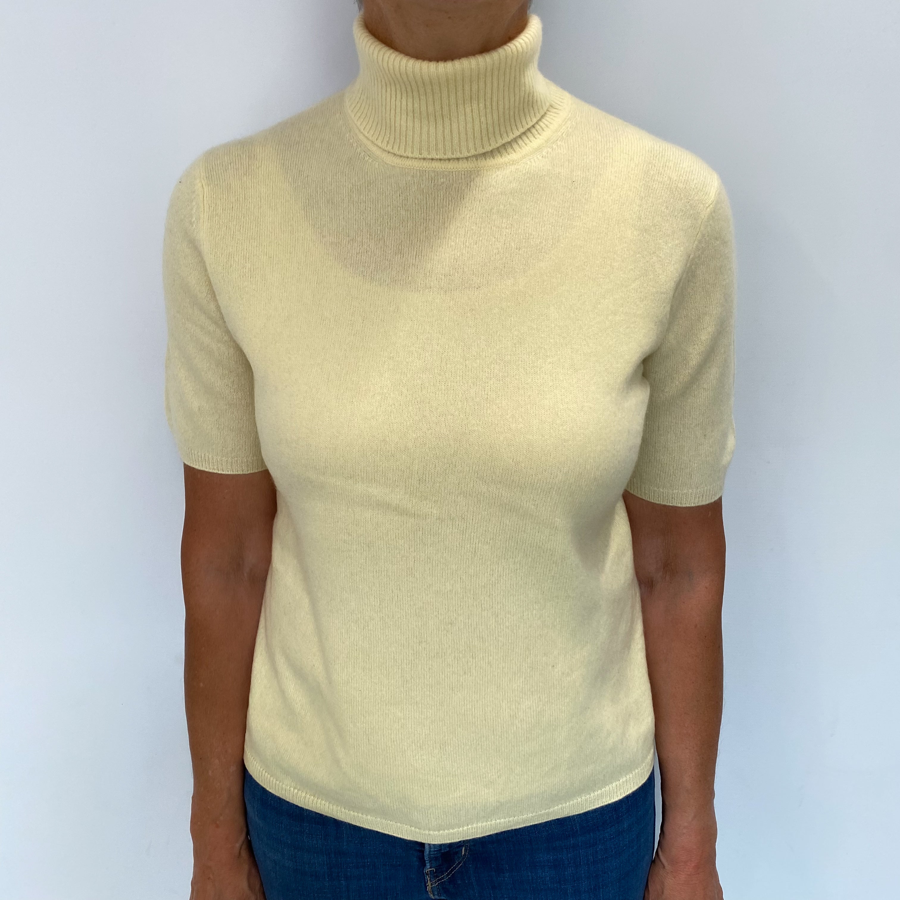 Primrose Yellow Cashmere Short Sleeved Polo Neck Jumper Medium