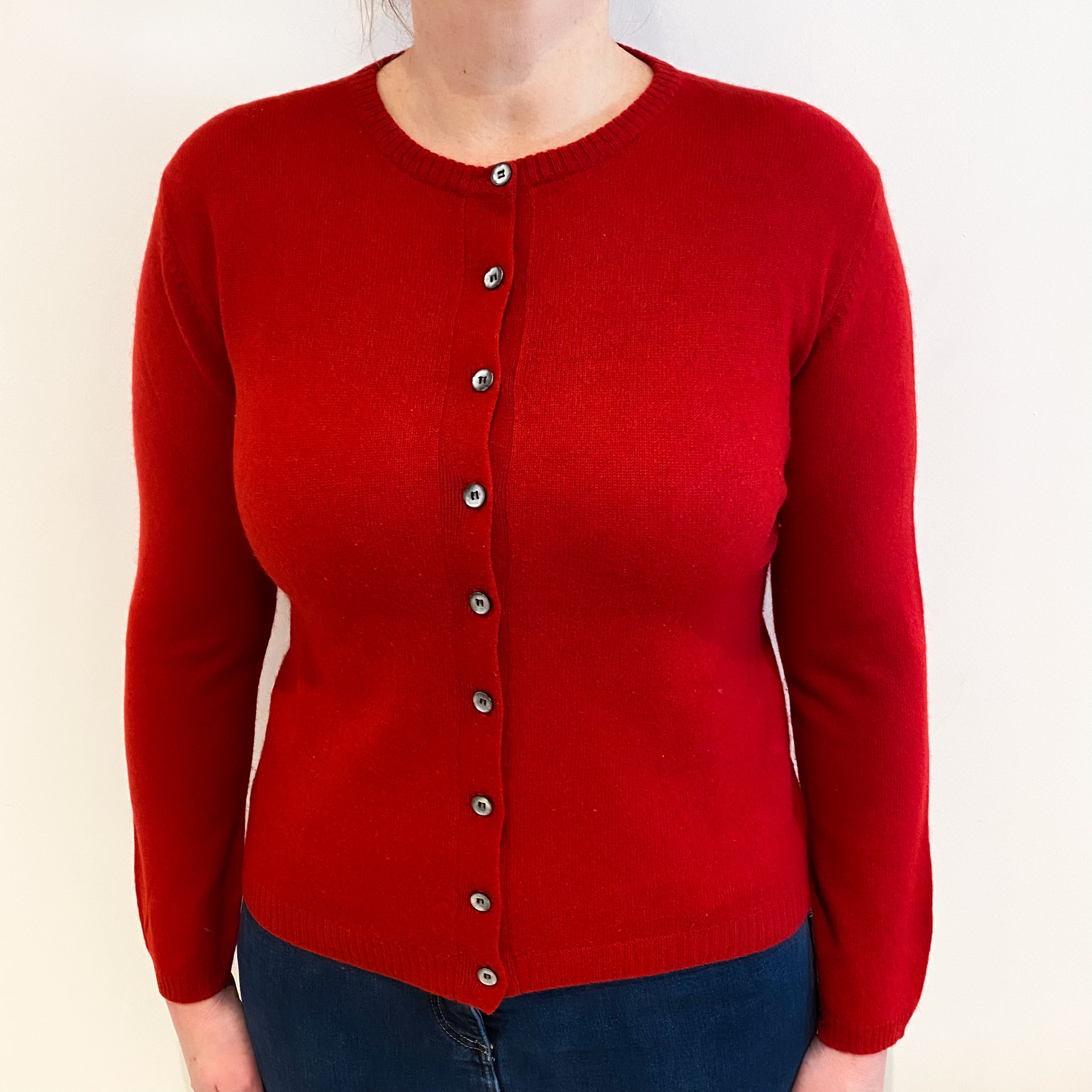 Post Box Red Cashmere Crew Neck Cardigan Large