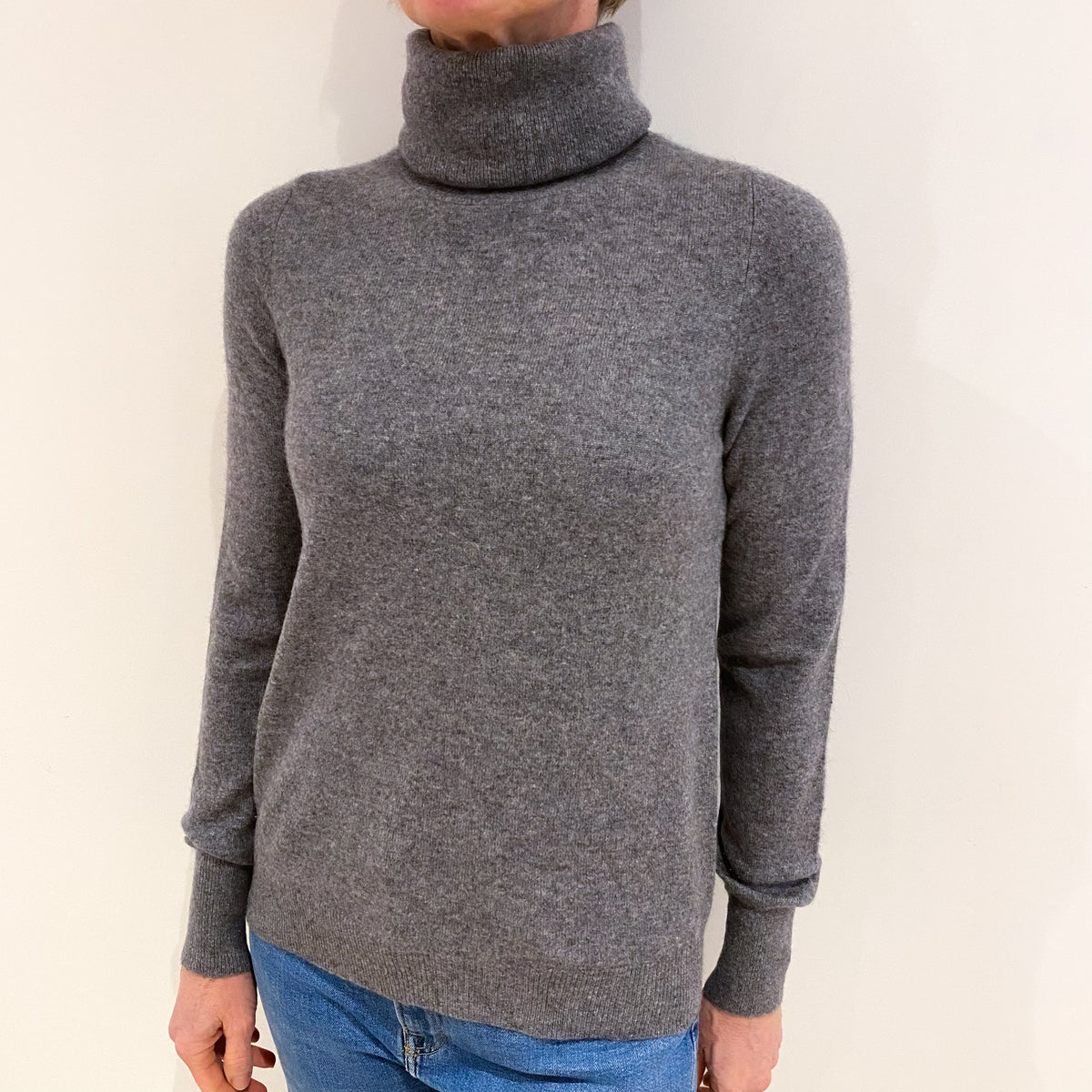 Jaeger Ash Grey Cashmere Polo Neck Jumper Small