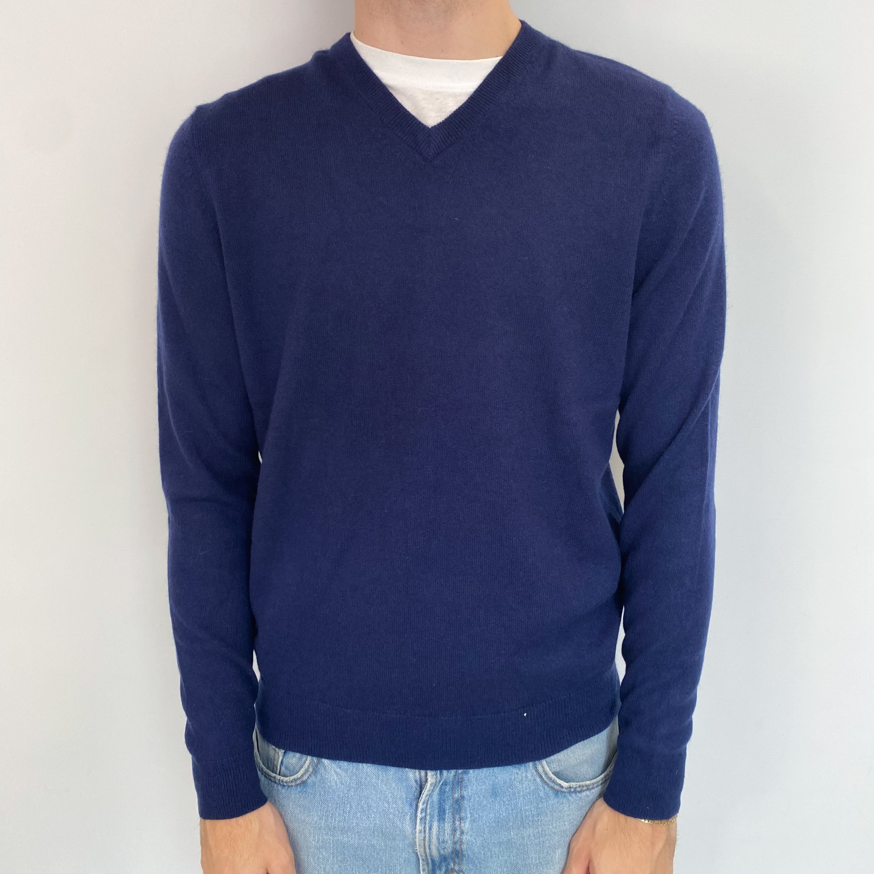 Men's French Navy Cashmere V Neck Jumper Medium