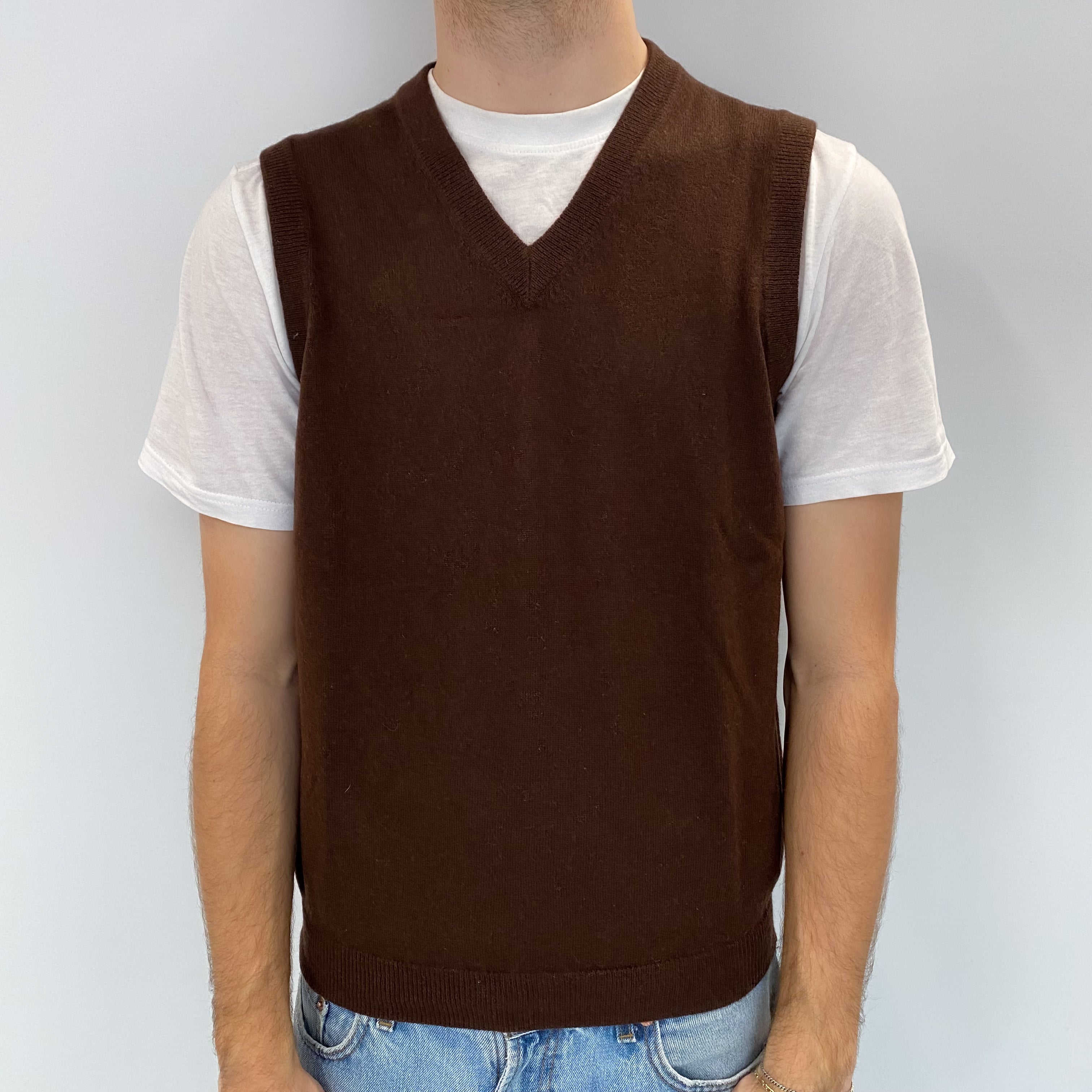 Men's Umber Brown Cashmere Sleeveless V Neck Jumper Large