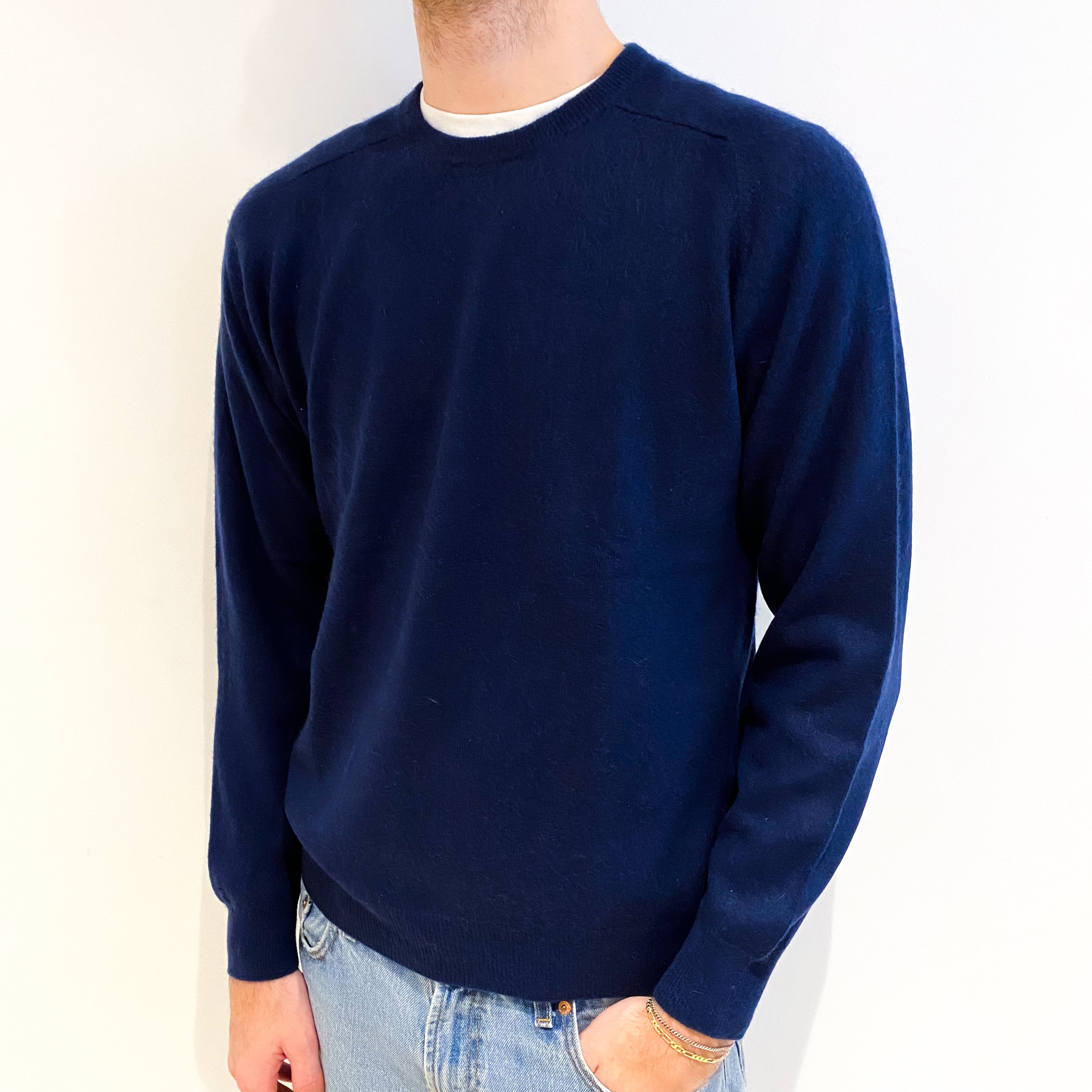 Men's Navy Blue Cashmere Crew Neck Jumper Large