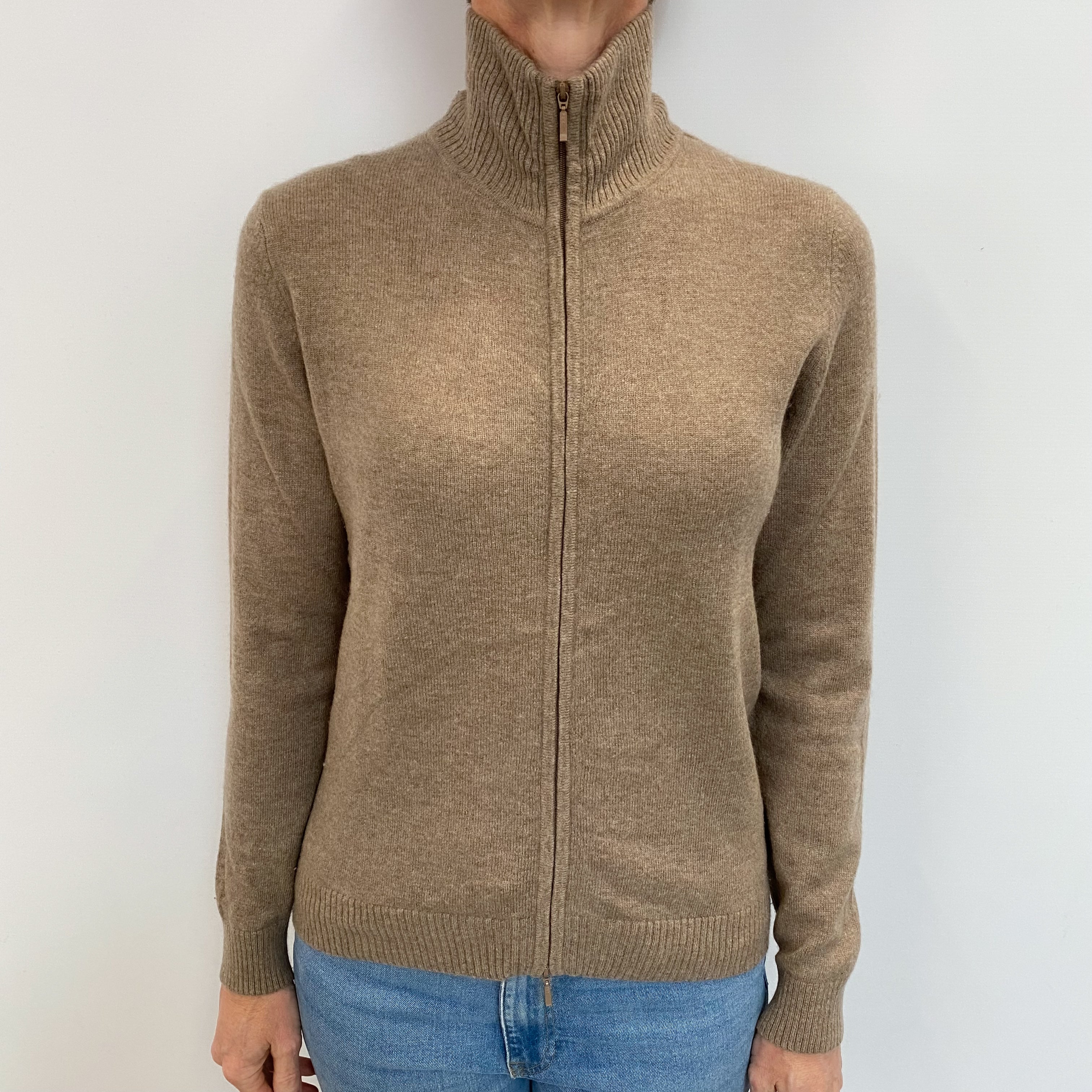 Taupe Brown Cashmere Zip Up Turtle Neck Cardigan Small