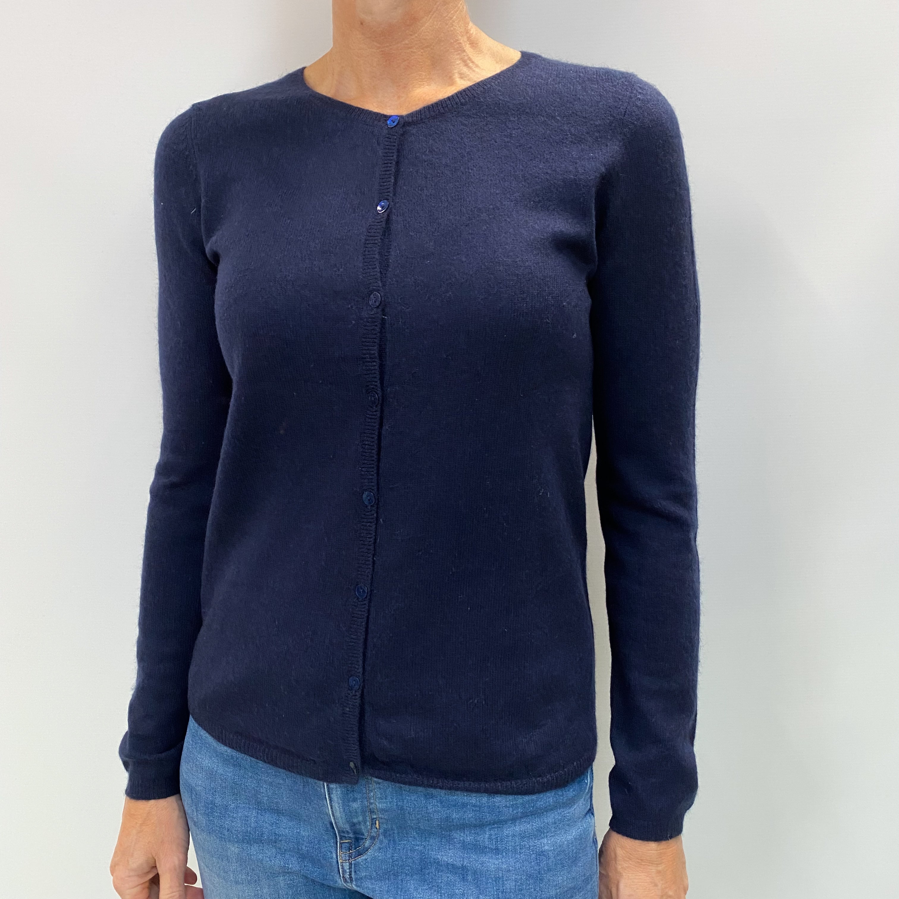 Navy Blue Cashmere Crew Neck Cardigan Small