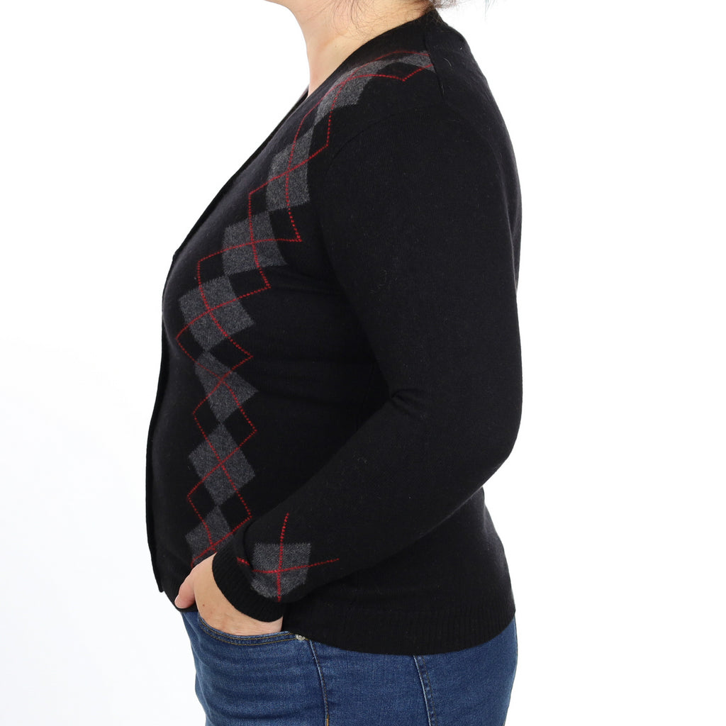 Black Grey Diamond Cashmere V Neck Cardigan Large