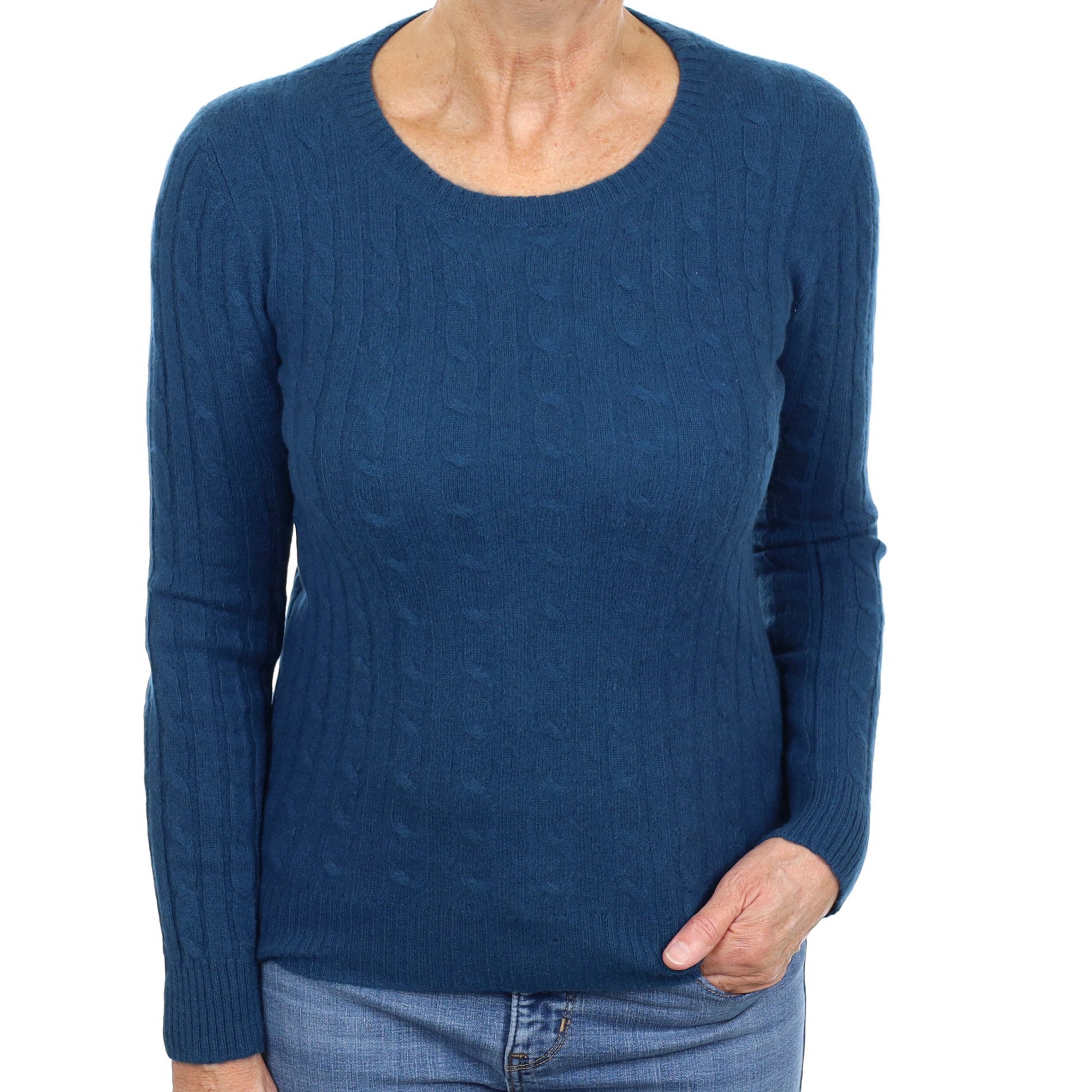 Italian Ocean Blue Cable Cashmere Crew Neck Jumper Medium