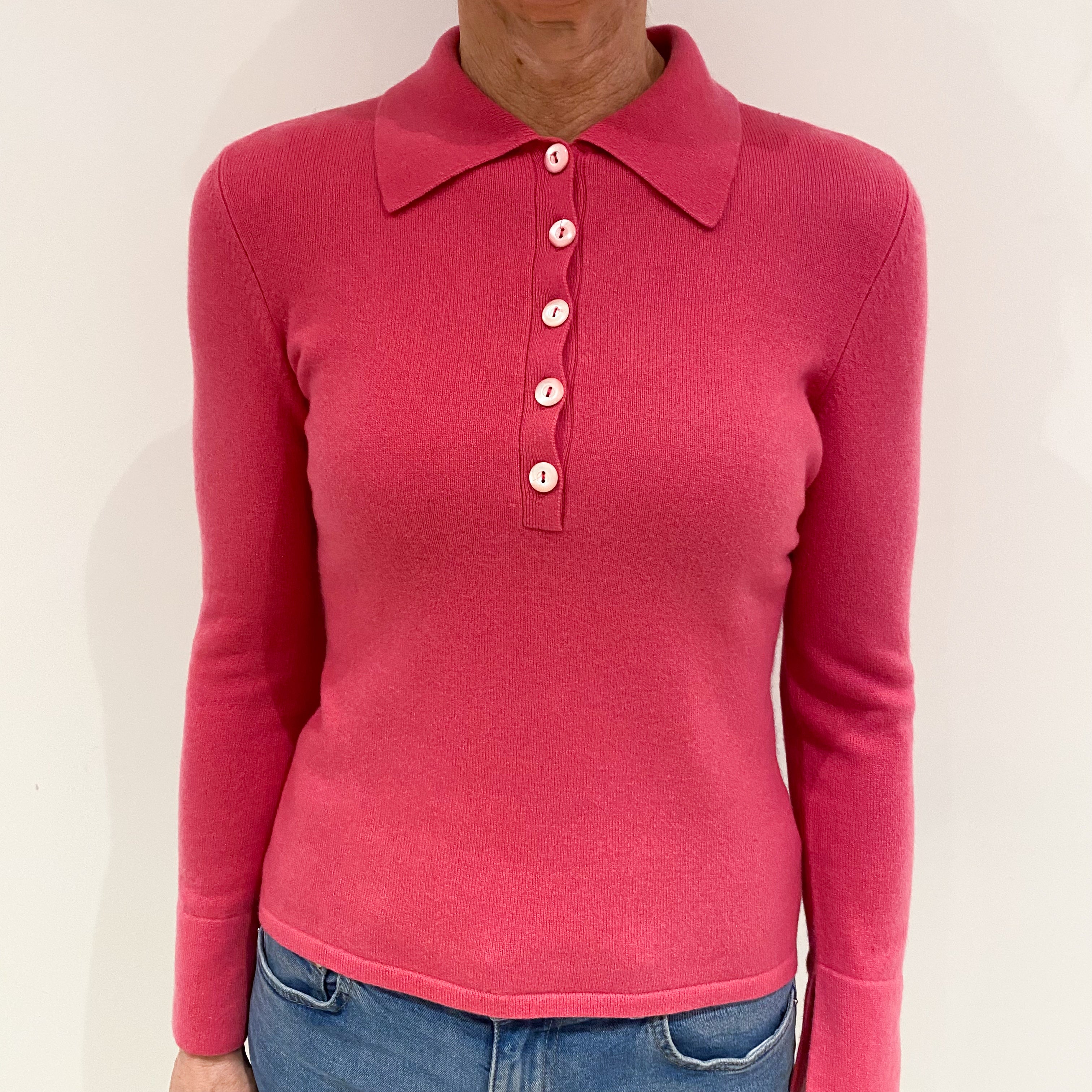 Sweet Pea Pink Cashmere Button Collared Jumper Small