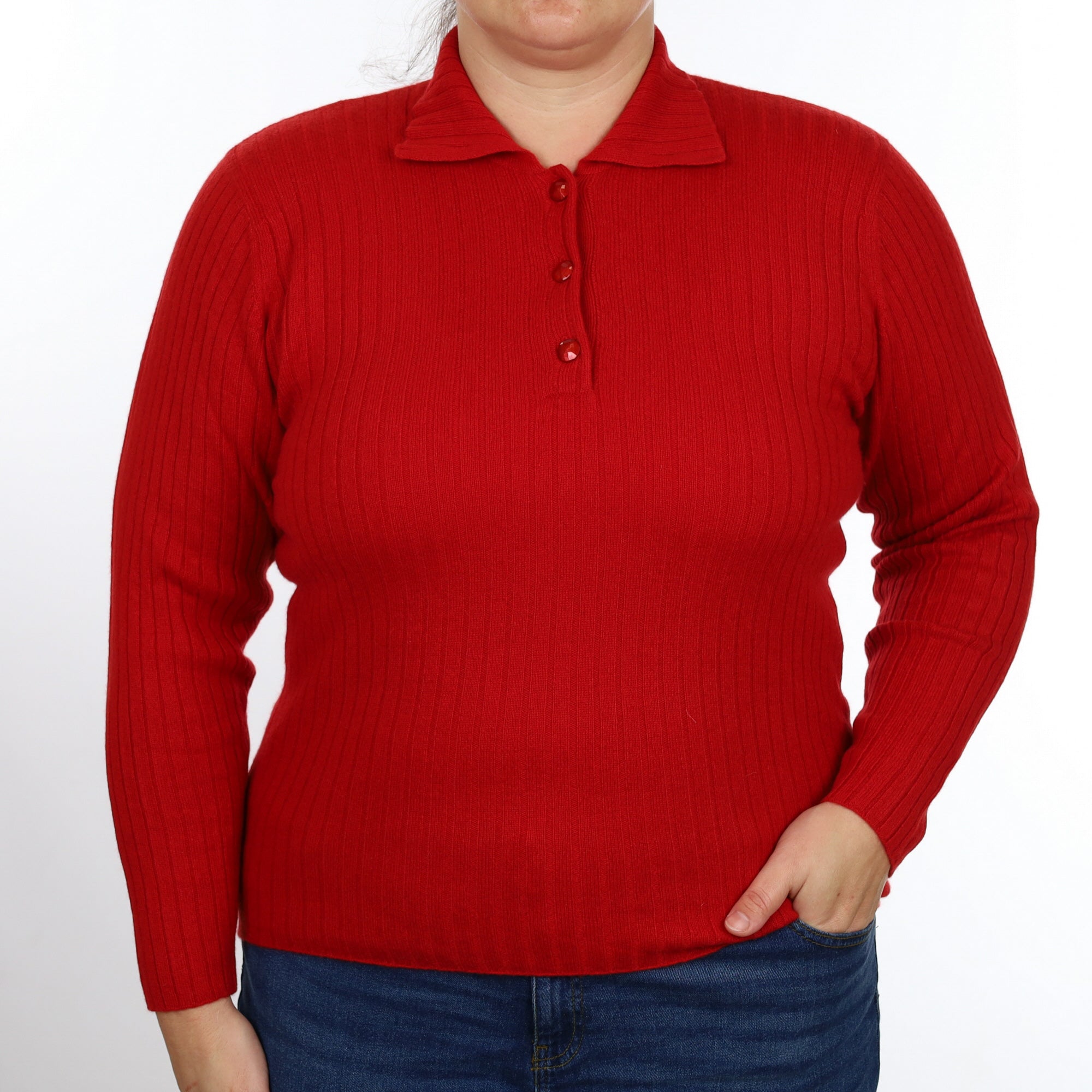 Berry Red Rib Cashmere Collared 1/4 Button Jumper Large