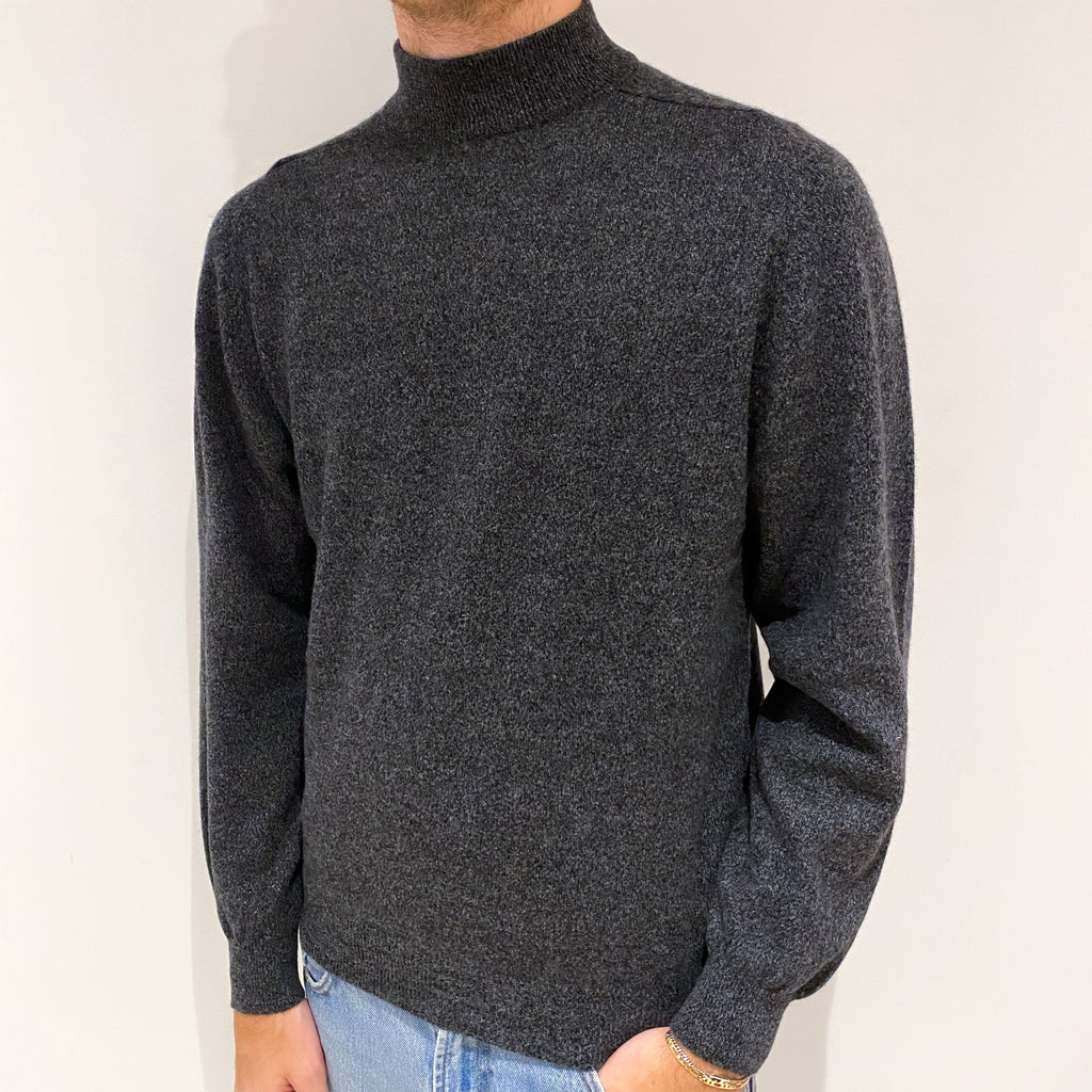 Men's Grey Marl Cashmere Turtle Neck Jumper Large