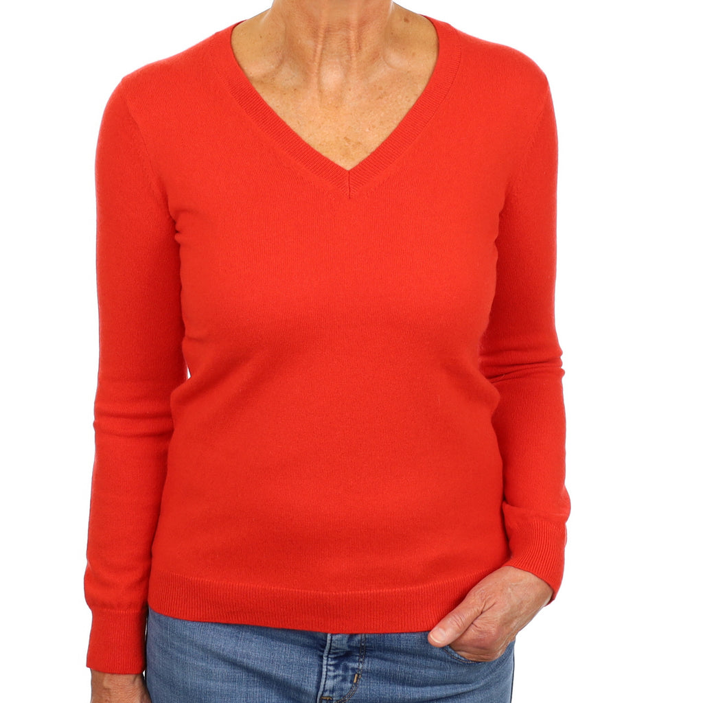 Vermillion Orange Cashmere V Neck Jumper Medium
