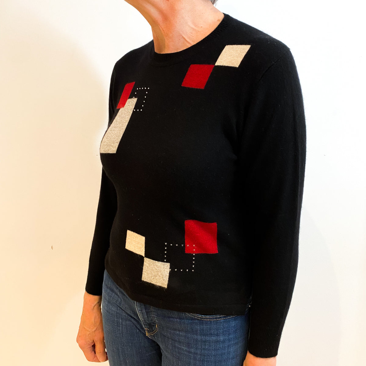 Black Colour Boxes Pattern Cashmere Crew Neck Jumper Medium