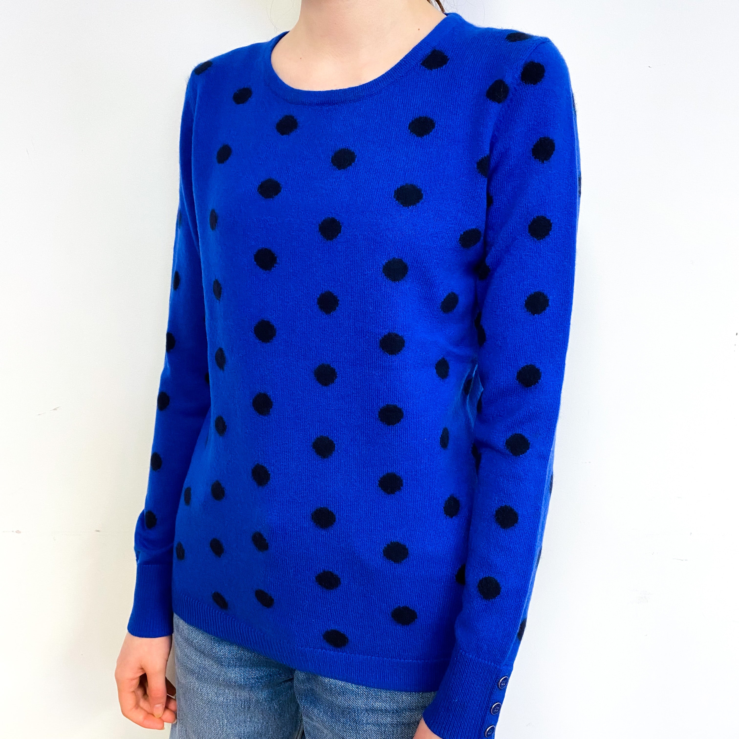 Cobalt Blue Polka Dot Cashmere Crew Neck Jumper Extra Small