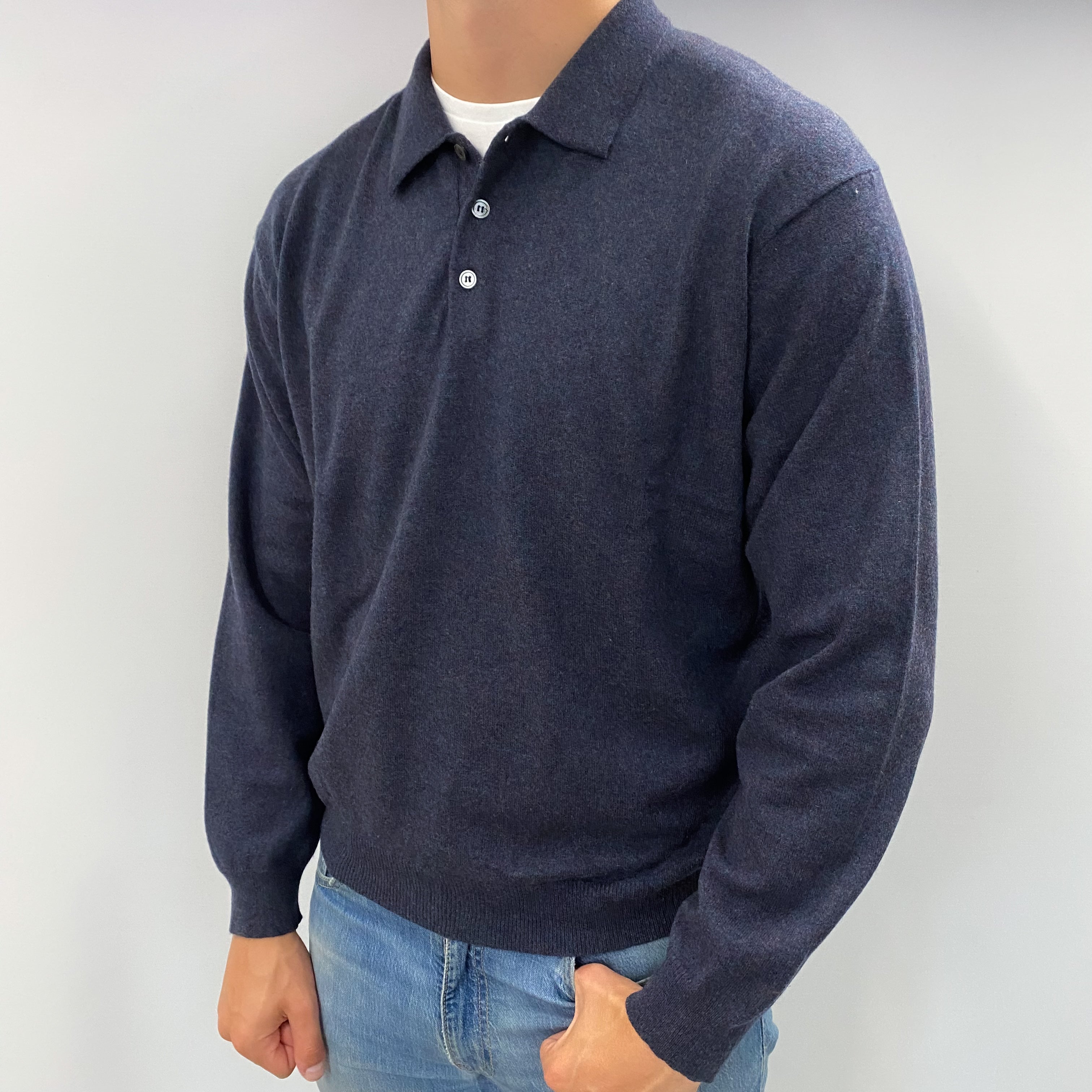 Men's Black Blue Marl Cashmere Collared 1/4 Button V Neck Jumper XL